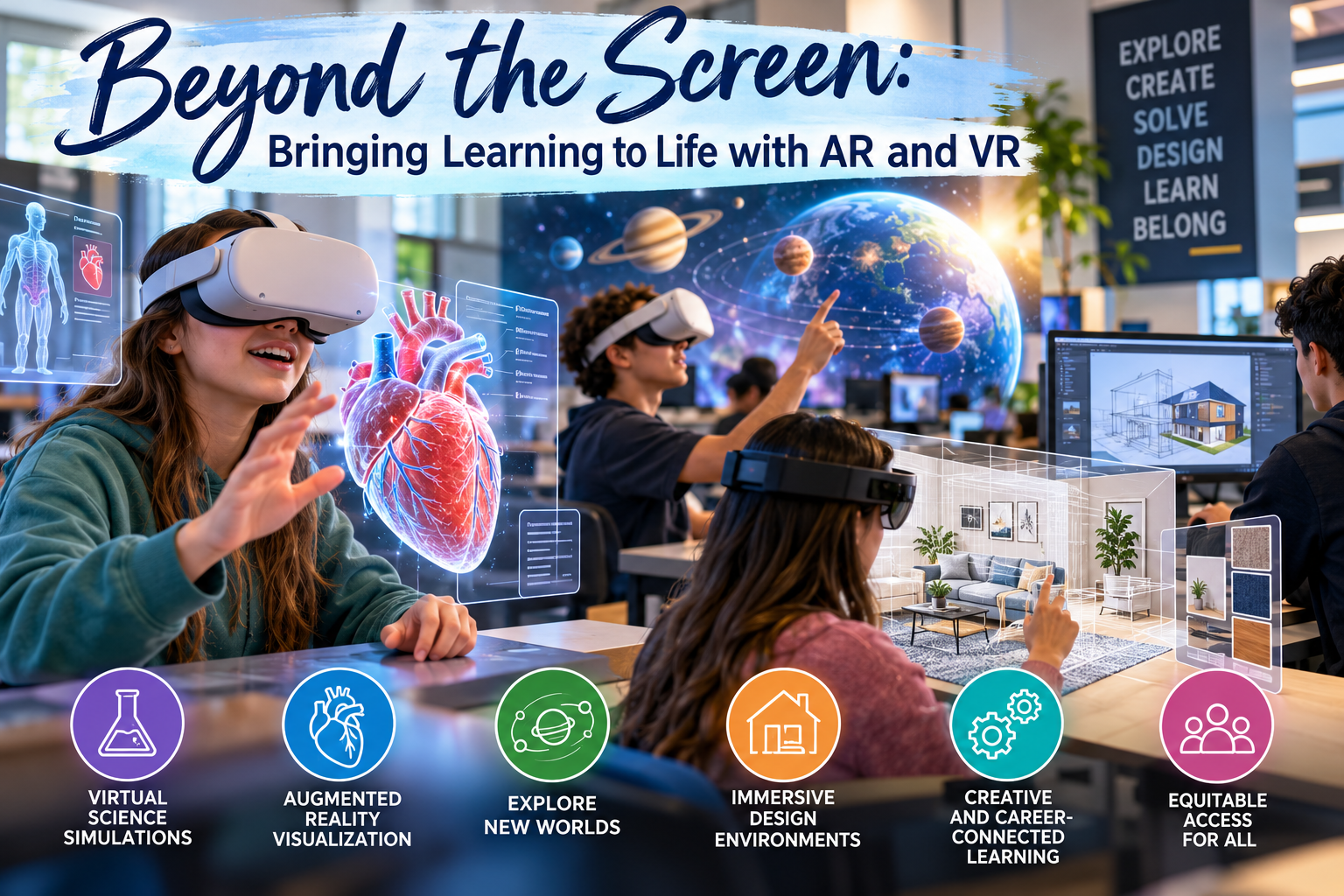 Students use AR and VR technology to explore human anatomy, the solar system, and virtual interior design in a modern, interactive computer lab.