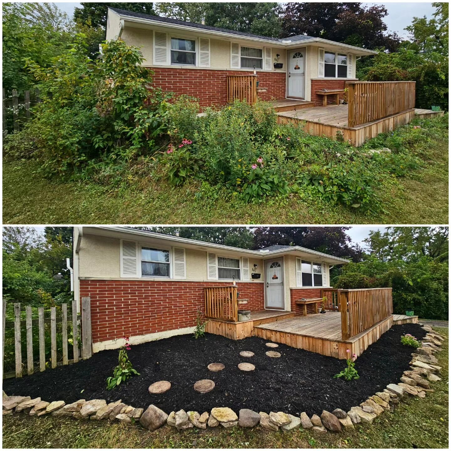 From wild to wow! 🌱➡️🌼 Our transformation game is strong! 💪 #BeforeAndAfter #LandscapingMagic #GardenGlowUp #WeedWarriors #FlowerBedMakeover