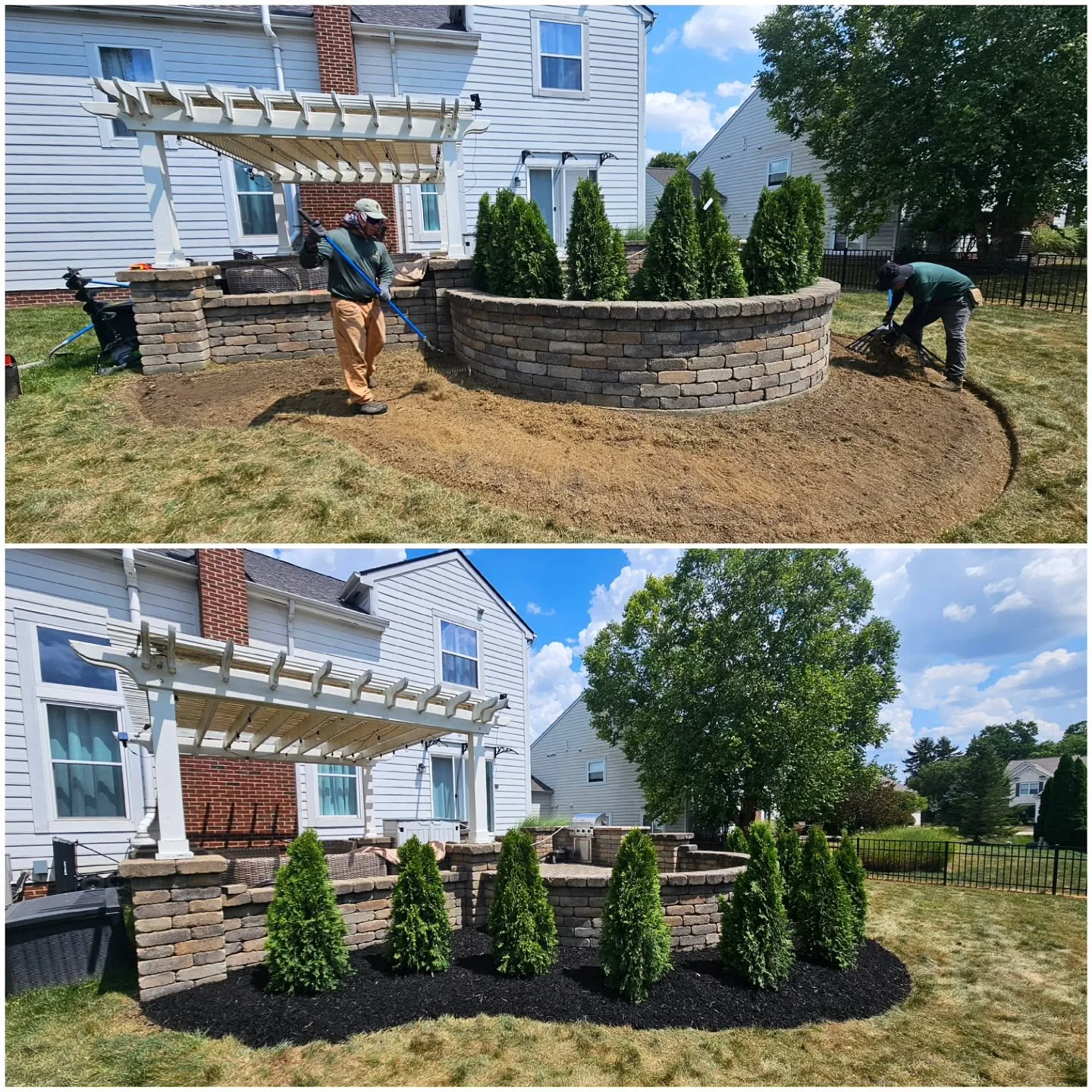 We carved out a brand new flower bed with clean natural edging and planted 10 beautiful Emerald Green Arborvitaes for year-round privacy and charm πΏβ¨