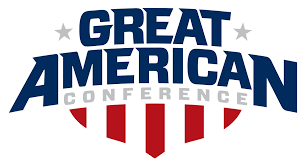 Logo for the Great American Conference with blue and red text and shield design.