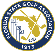 Logo of Florida State Golf Association with a map of Florida, golf clubs, balls, and the year 1913.