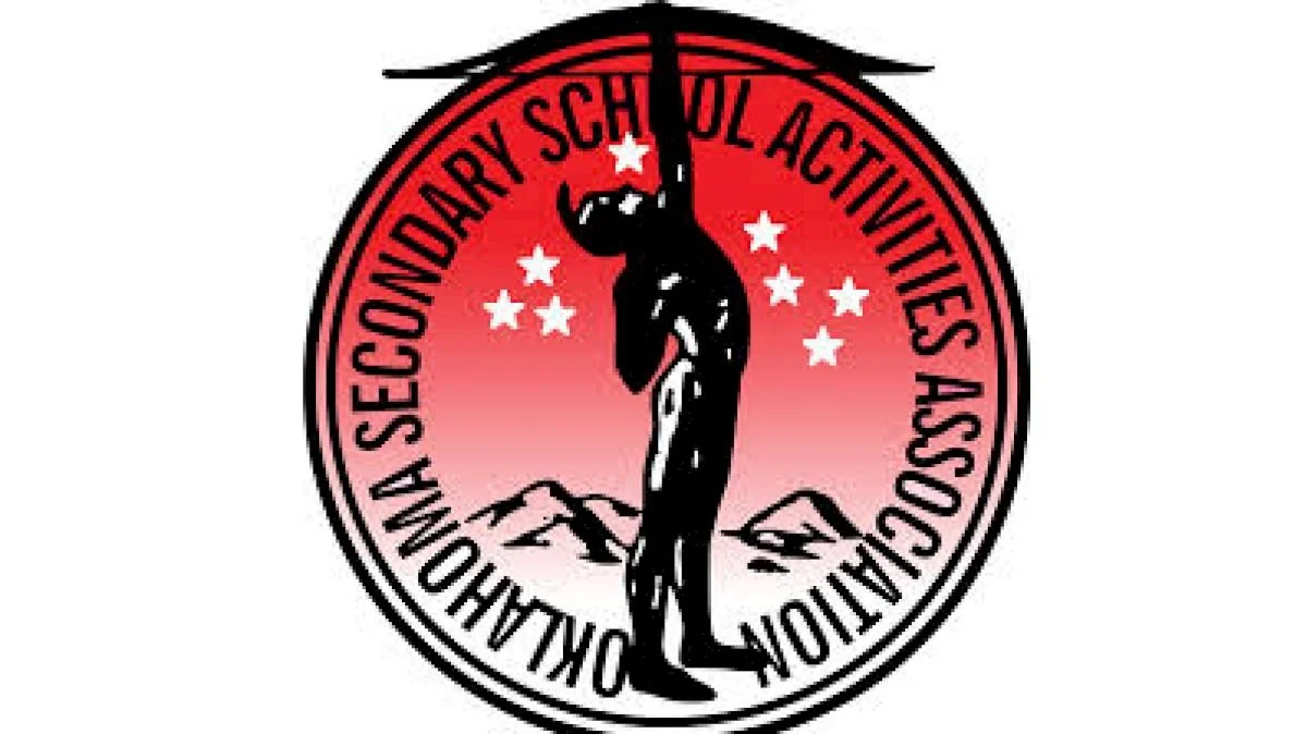 Logo of Oklahoma Secondary School Activities Association, featuring a wrestler silhouette against a mountain and star background, with red and black circular text.