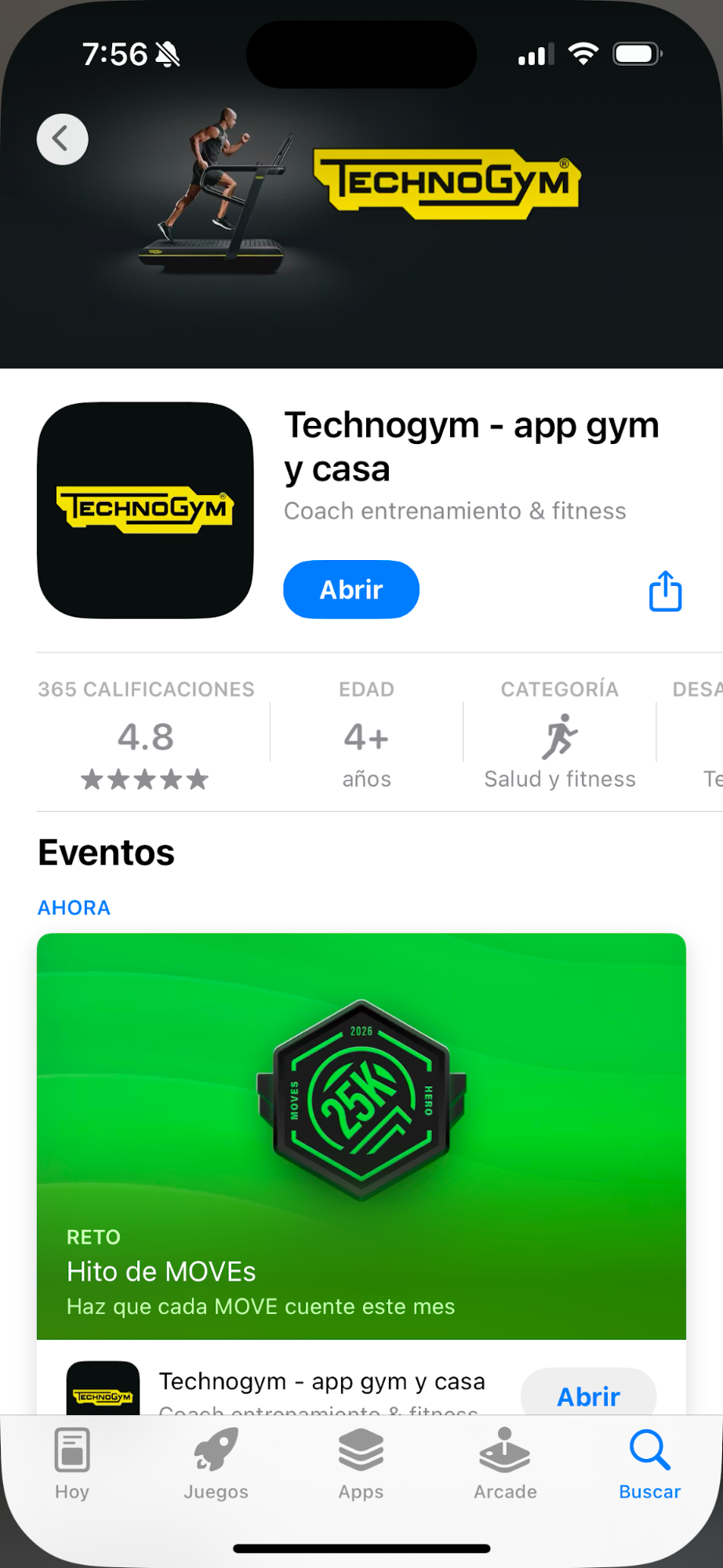Captura de pantalla de una aplicación llamada Technogym, que es una app para gimnasio y entrenamiento en casa, con una sección de eventos y un reto de movimiento.