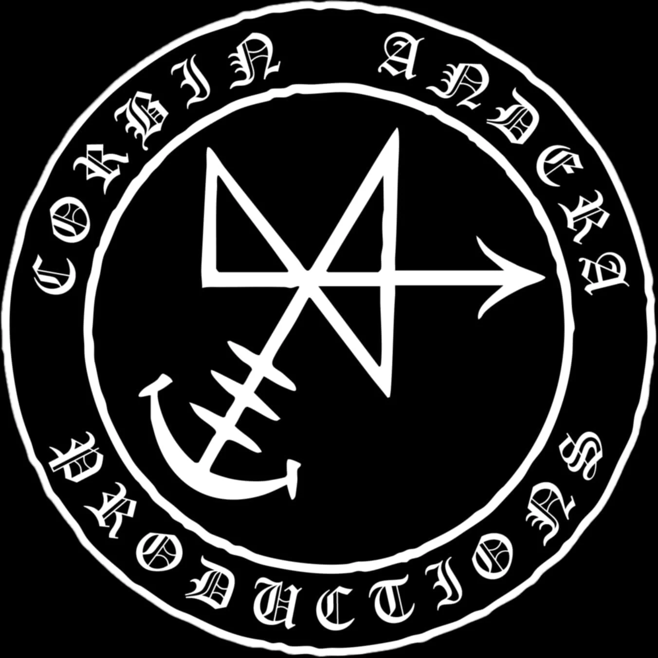A black-and-white image featuring a circular pentagram with an inverty anchor at its bottom. encircling the pentagram in a ring, there is text written in a stylized, gothic font that reads 'COAT OF THE DEVIL'.