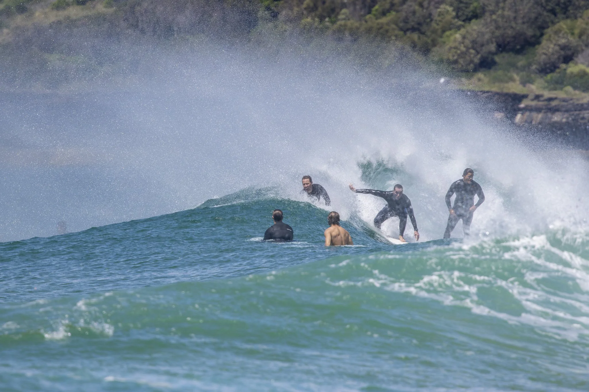 Four surfers in wetsuits riding and waiting for waves in the ocean near a rocky and green shoreline.