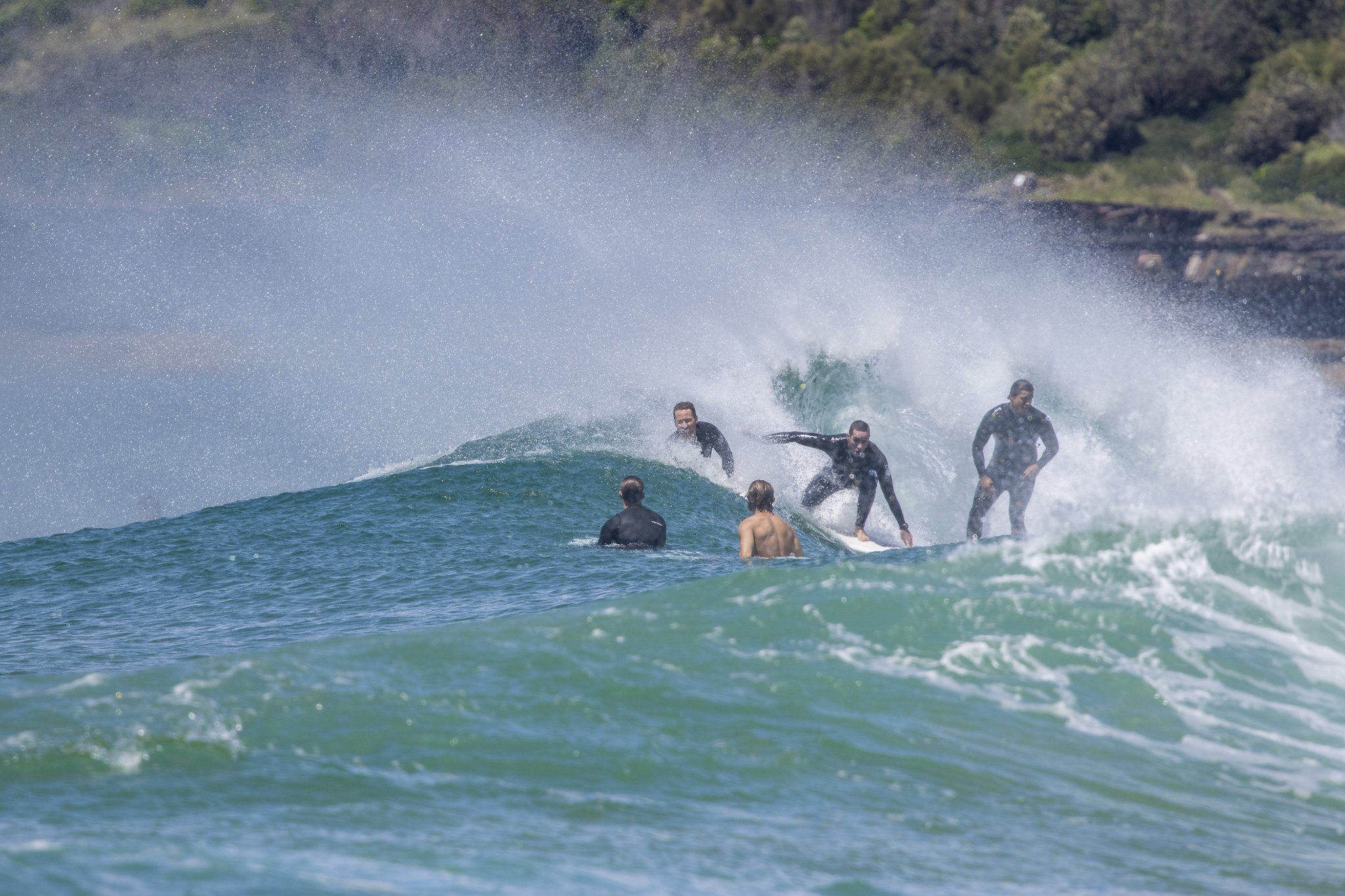 Four surfers riding and waiting for waves in the ocean near a rocky coastline with a grassy hillside in the background.