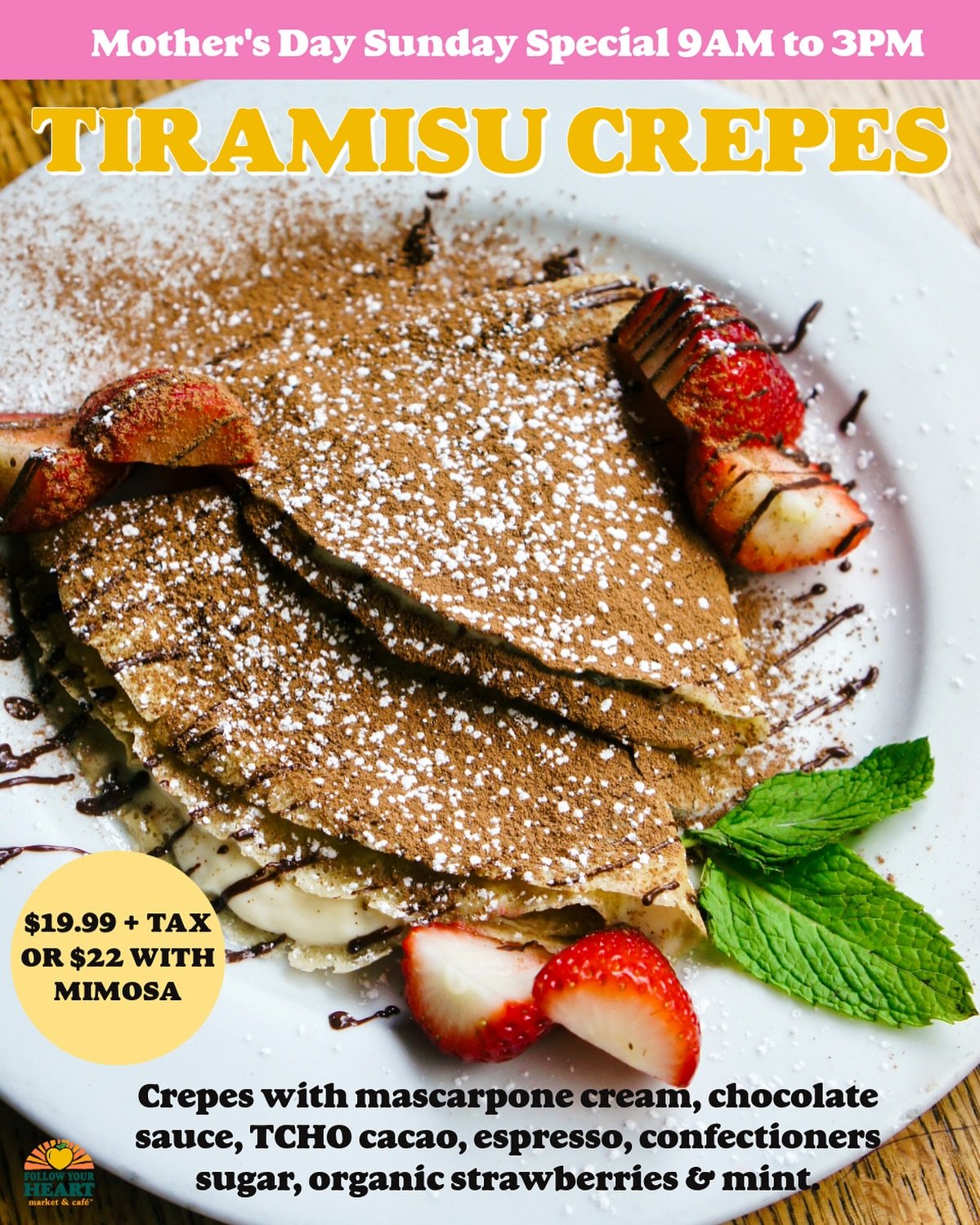 SUNDAY SPECIAL 💐 We&rsquo;re serving these Tiramisu Crepes to celebrate Mother&rsquo;s Day this year! ✨ You can&rsquo;t go wrong with taking mom out for a sweet breakfast, are we right? 🥰

Two housemade vegan crepes filled with mascarpone cream, dr