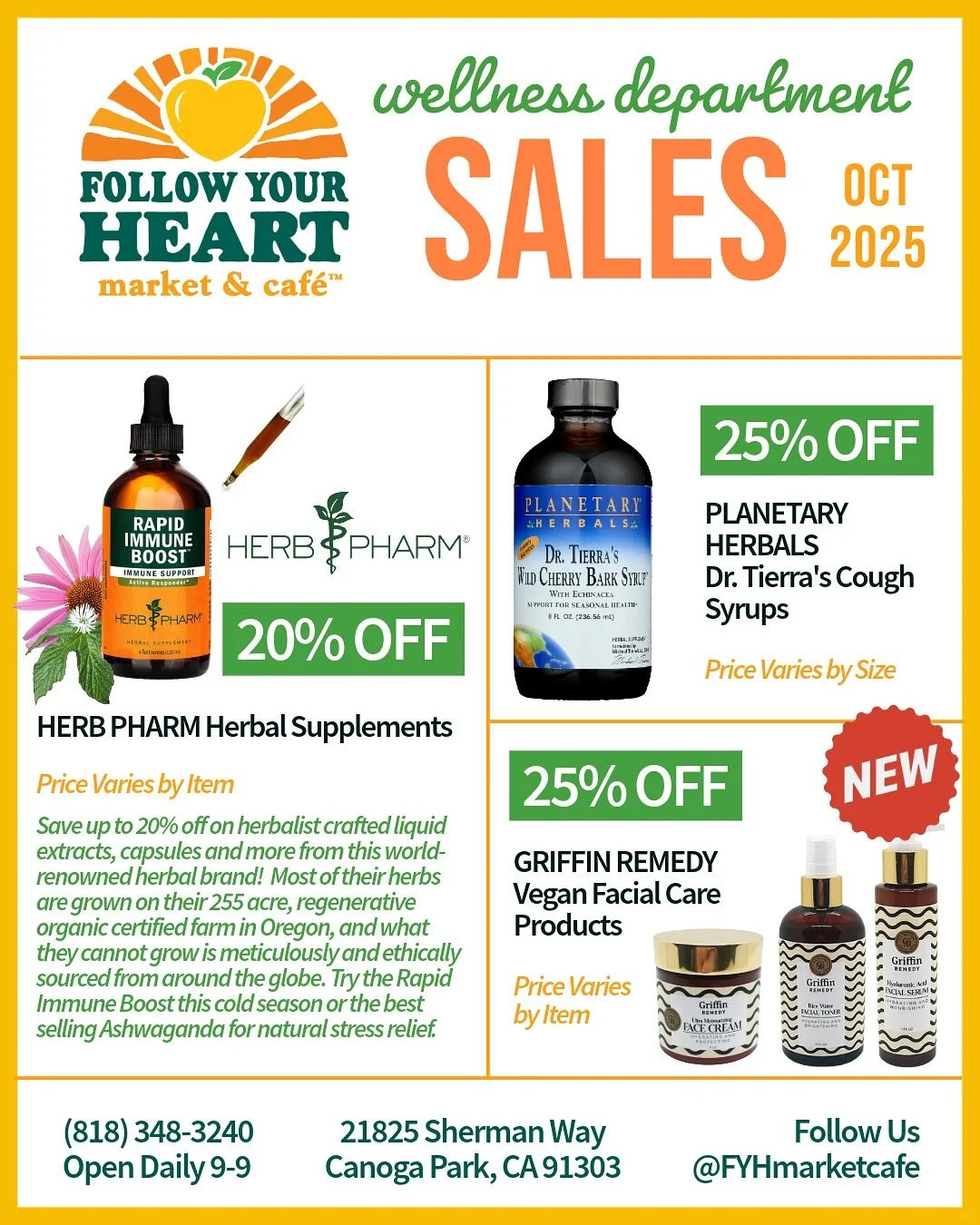 Check out these new deals in our Wellness Department for the month of October 🙌 Save up to 25% on some of our favorite herbal remedies 🌿and  brand new skin and hair care products! 🧴 We&rsquo;re open daily 9-9 💖

#FYHmarketcafe 
#veganmarket #natu