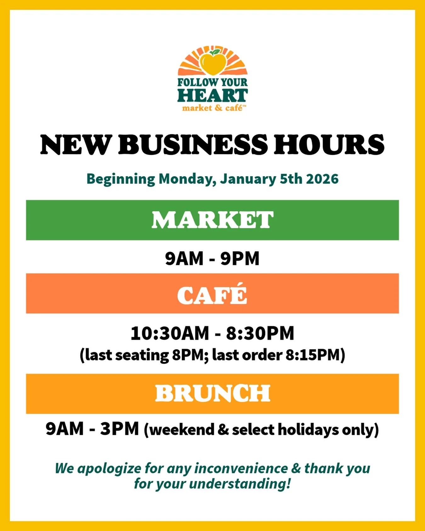New Hours starting tomorrow! 📣 

We are just slightly changing our Caf&eacute; Hours to open earlier and close earlier starting in the new week - we appreciate your understanding! 😌

With love,
FYHMC Team 💛