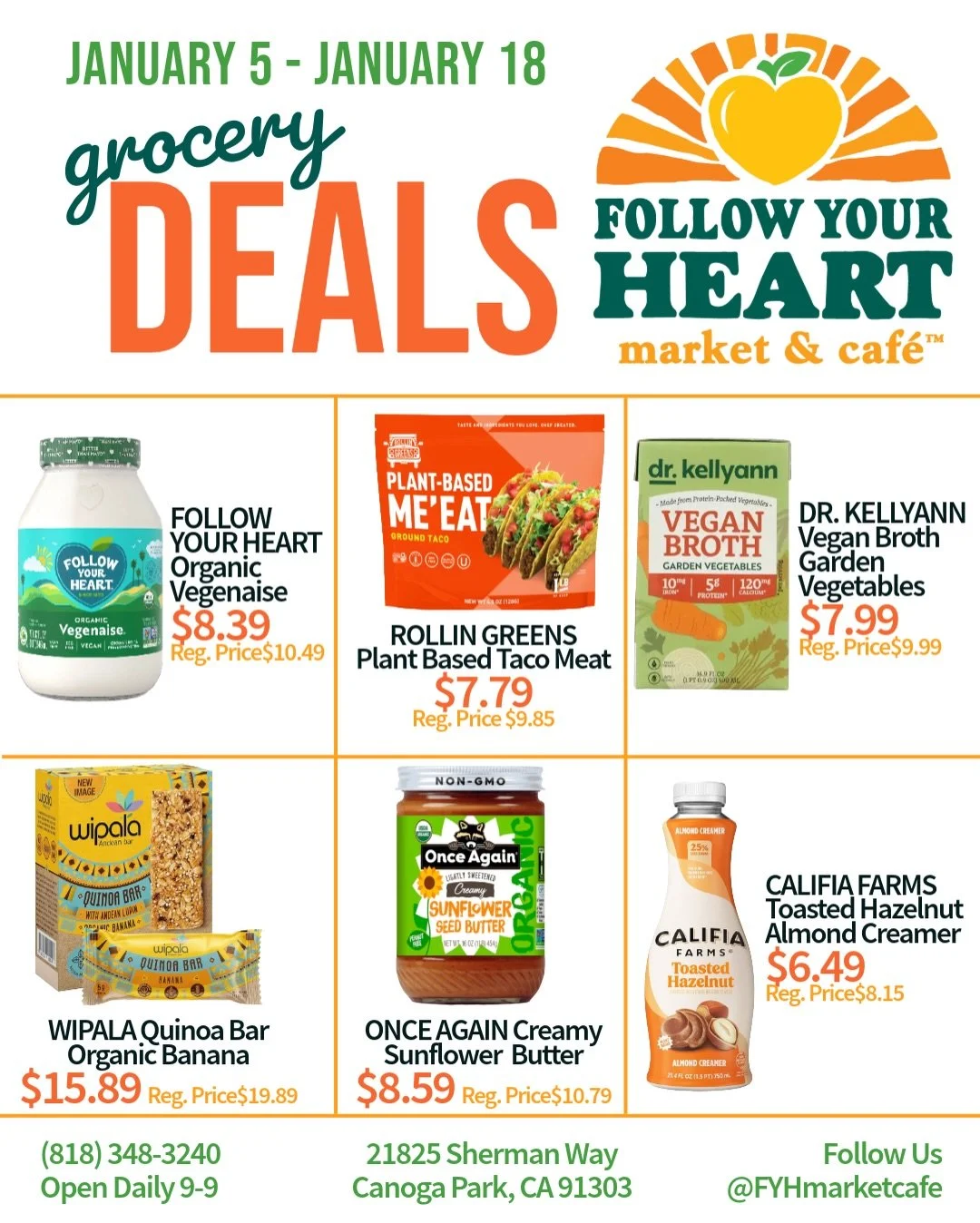 First grocery sale of the year! 🙌  We have sales on amazing items like @followyourheart Vegenaise, @drkellyannpetrucci Vegan Broth, @wipalasnacks Organic Banana Bar, and so much more! 

Thank you as always for supporting our #smallbusiness 💛