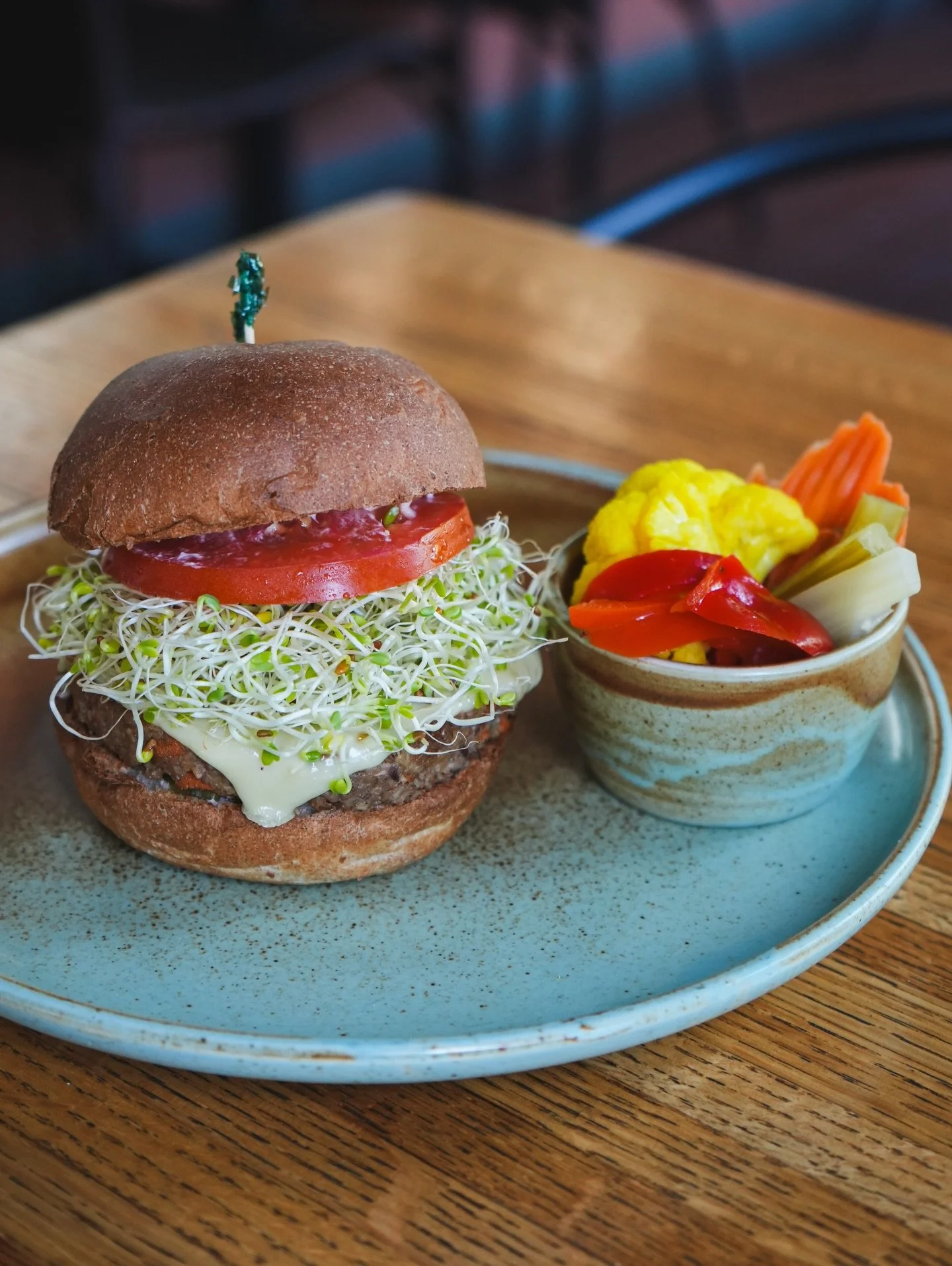 The Nutburger 😎 A strong customer favorite that has been on our menu for decades! ☀️

It has our Housemade Nut &amp; Vegetable Patty, Provolone, Organic Tomato, Organic Sprouts, Pickles, Vegenaise &amp; Special Sauce on a Housemade Bun. 🍔 @traviswh