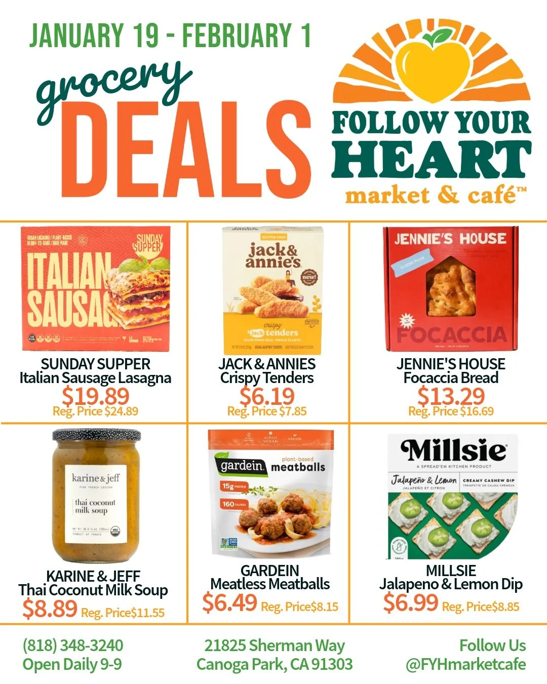 We&rsquo;re so excited for this week&rsquo;s grocery sales! 😊🛒💖 Save up to 25% on amazing plant based items like @sundaysupperfoods lasagna, @jackandannies crispy tenders, @gardein meatballs, @flybyjing noodles and more 🌱 

We hope to see you soo