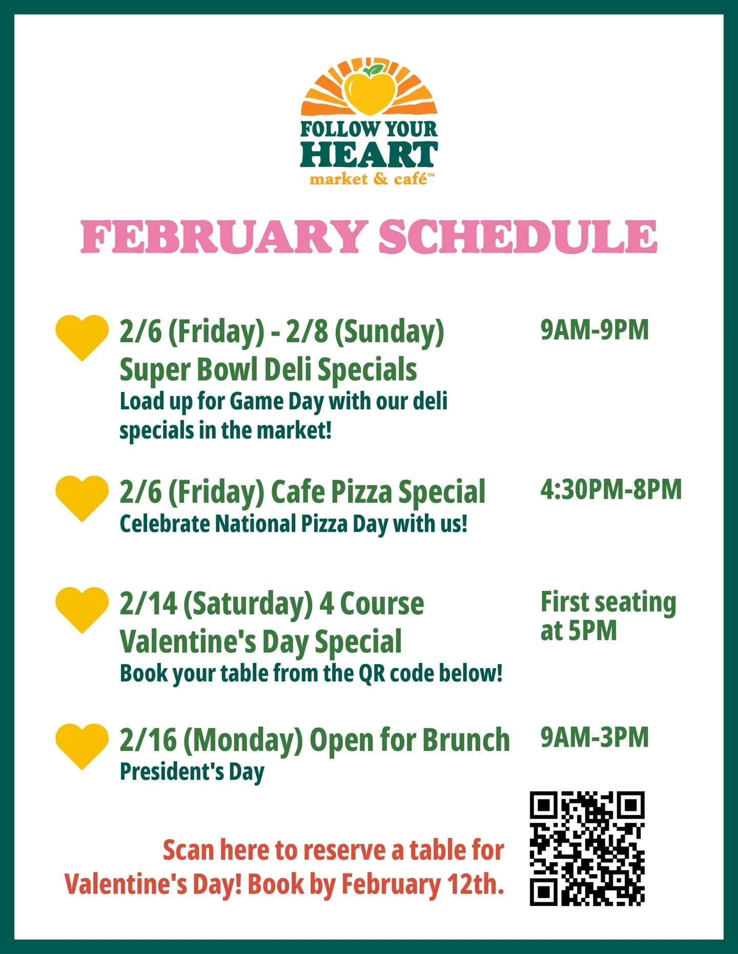 Mark your calendars - we have a lot going on the first half of February! 👀💘🍕☀️🌱 From game day specials to our annual pizza day celebration, and of course a Valentine&rsquo;s Day special. Please note that reservations are required for Valentine&rs