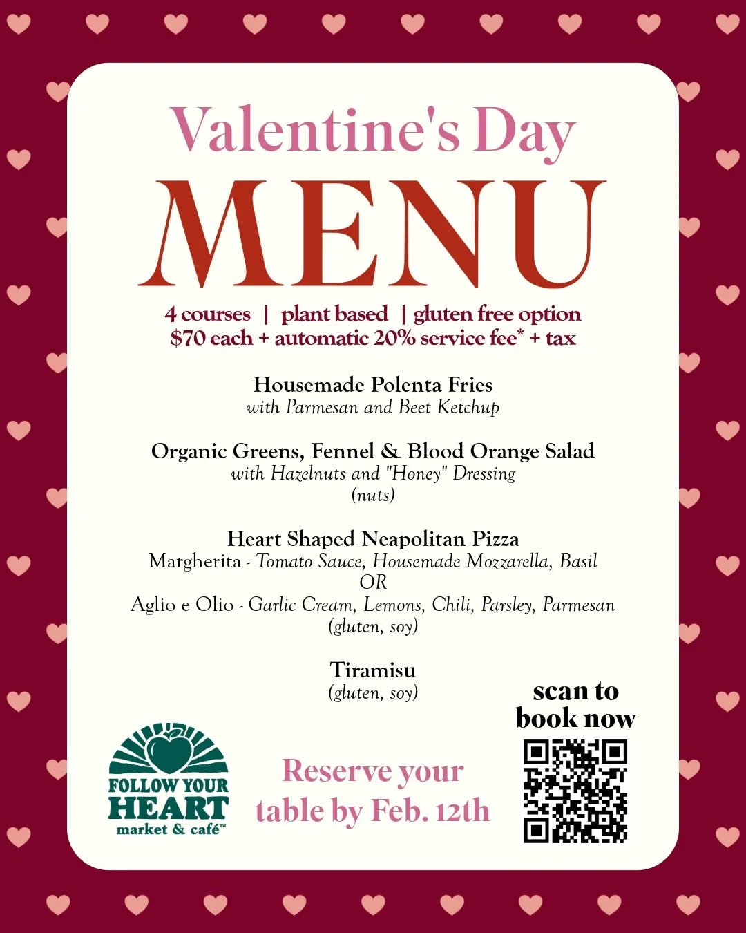 In case you missed the news of our Stories&hellip;our Valentine&rsquo;s Day reservation page is now live! 💘

We warmly invite you to join us for a 4 Course Valentine&rsquo;s Day Dinner at FYHMC, on February 14th 💌 

The menu is plant based (gluten 