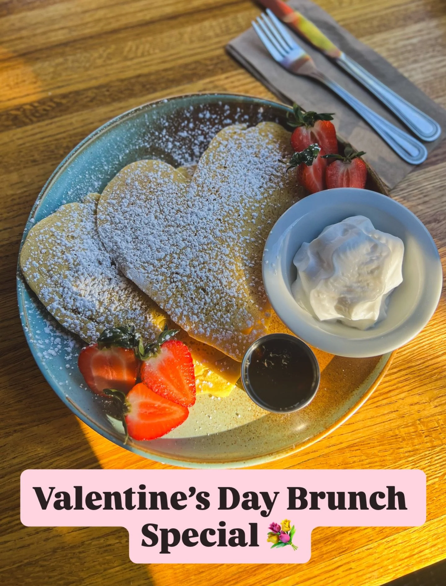 When Valentine&rsquo;s Day falls on a weekend, not only do we serve a dinner special, but a BRUNCH special too! 😉🤭 Strawberry &amp; Cream Heart Shaped Pancakes, tomorrow only from 9-3 🍓🥞💖 They are fluffy, organic gluten free pancakes made with a
