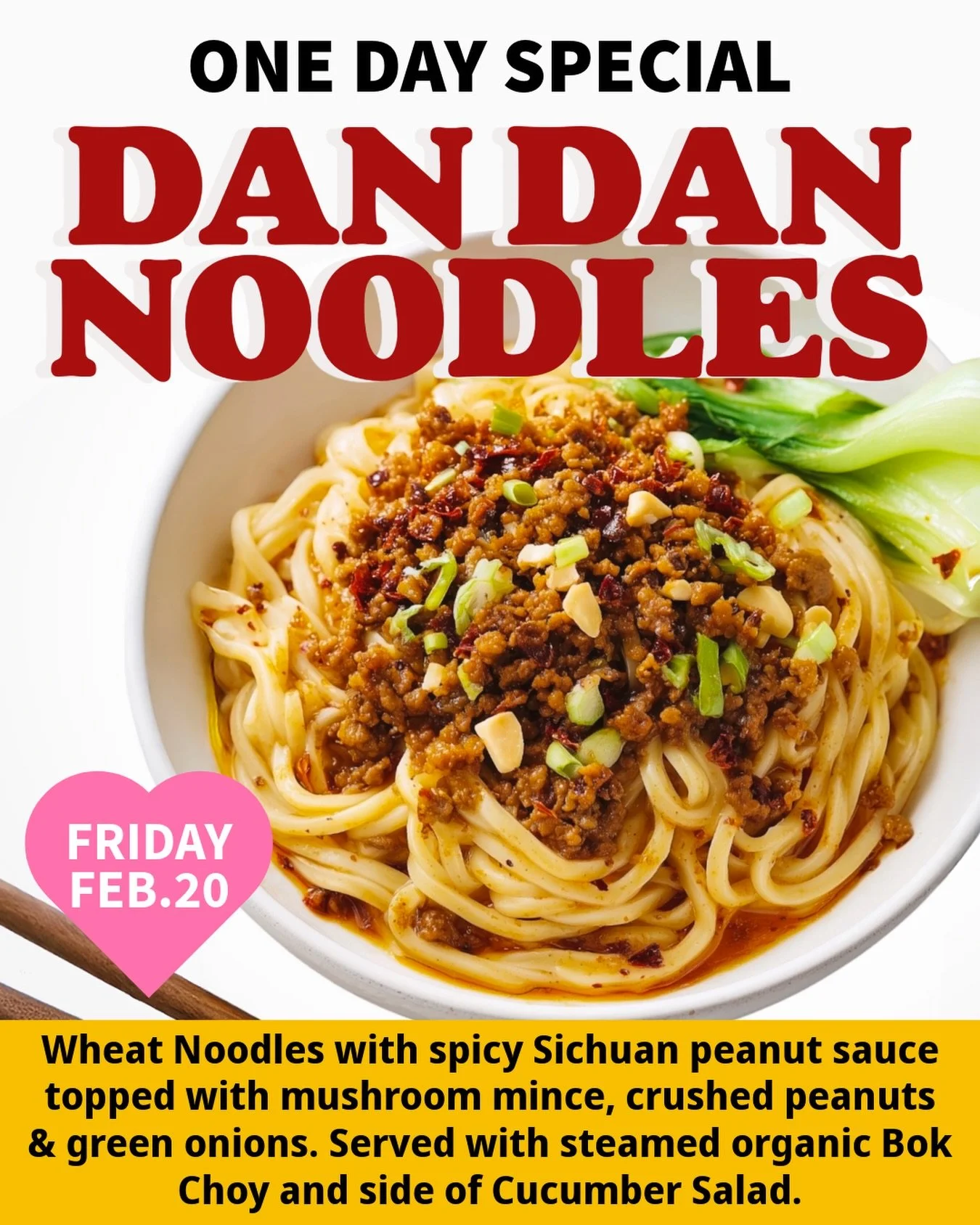 A CAF&Eacute; SPECIAL, THIS FRIDAY ONLY! 🔥 Chef @proofsplace is cooking up this Sichuan classic, Dan Dan Noodles 🍜 Organic Wheat Noodles with housemade Spicy Peanut Sauce topped with Organic Shiitake mince, crushed Peanuts &amp; Green Onions. Serve