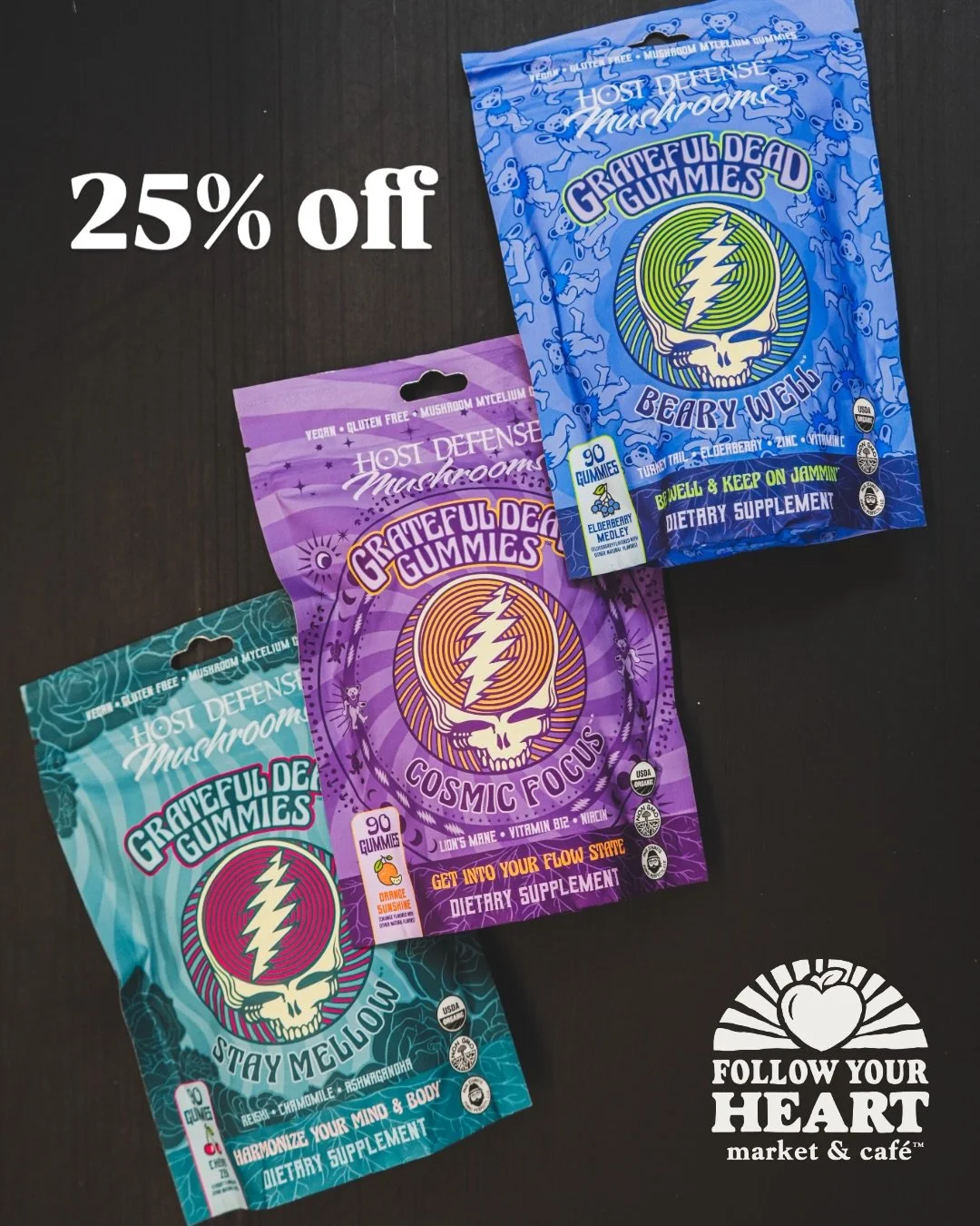 The wait is over! 🌟 @hostdefense&rsquo;s brand new Mushroom Gummies with @gratefuldead are in stock! 🍄🍄&zwj;🟫 We're thrilled to be one of the first in the area to carry them AND we're offering 25% off! 

Made with organic mushrooms from Host Defe