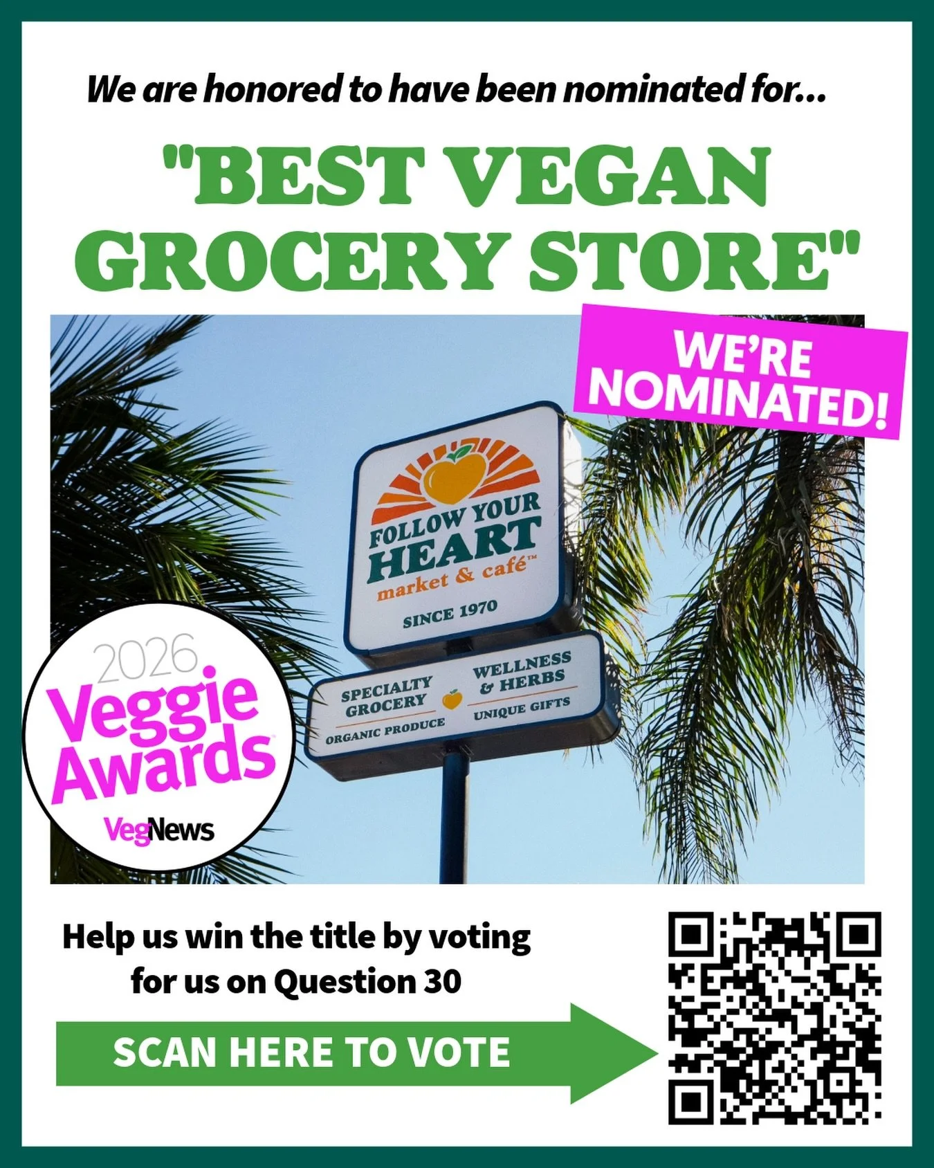 Just a few days left to vote in @vegnewsmag Veggie Awards! 📣

We are so honored to have been nominated this year in the category of &ldquo;Best Vegan Grocery Store&rdquo; 🥳🛒🌱 alongside some other wonderful vegan markets across the nation! 💖🇺🇸
