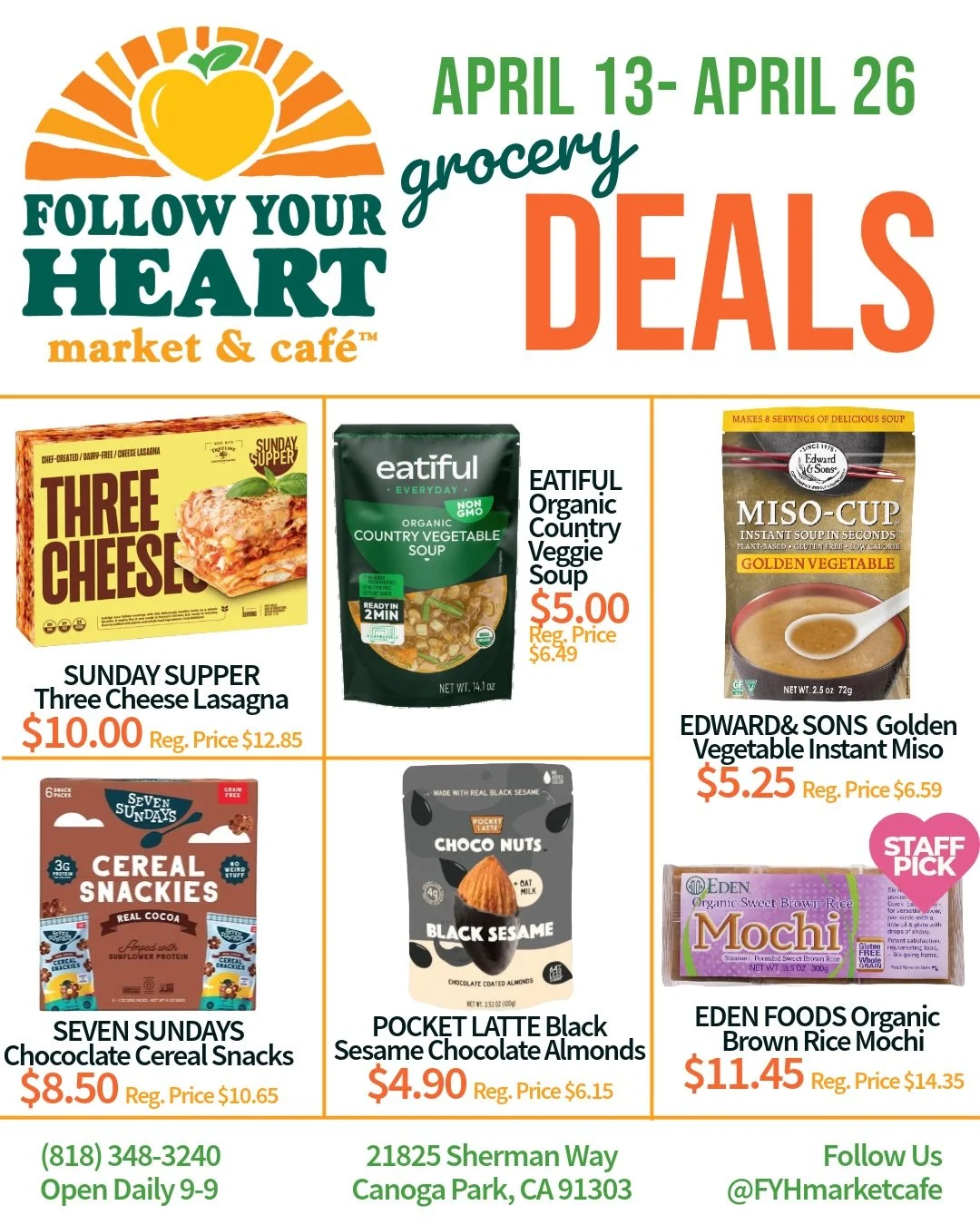 Happy Monday! Wishing you a great start to the week ☀️☁️ Swing by FYHMC for awesome deals on plant-based goodies like Vegan 3 Cheese Lasagna 🤤 ready-made soups, snacks, and more! 🌱
