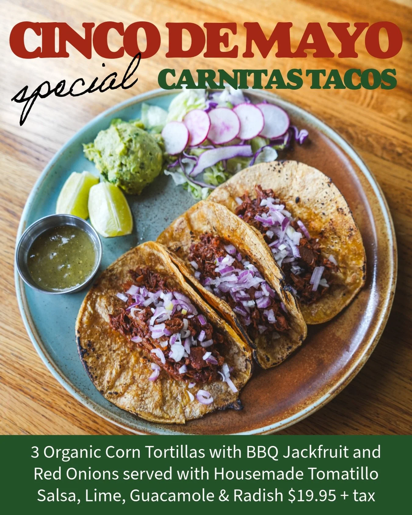 We&rsquo;re making Carnitas Tacos tomorrow for Cinco de Mayo! 🌮 With housemade bbq jackfruit and tomatillo salsa 🔥 Tomorrow only from 10:30AM to 8PM 😊🌱

Don&rsquo;t forget we also have Conchas and Marranitos 🐷