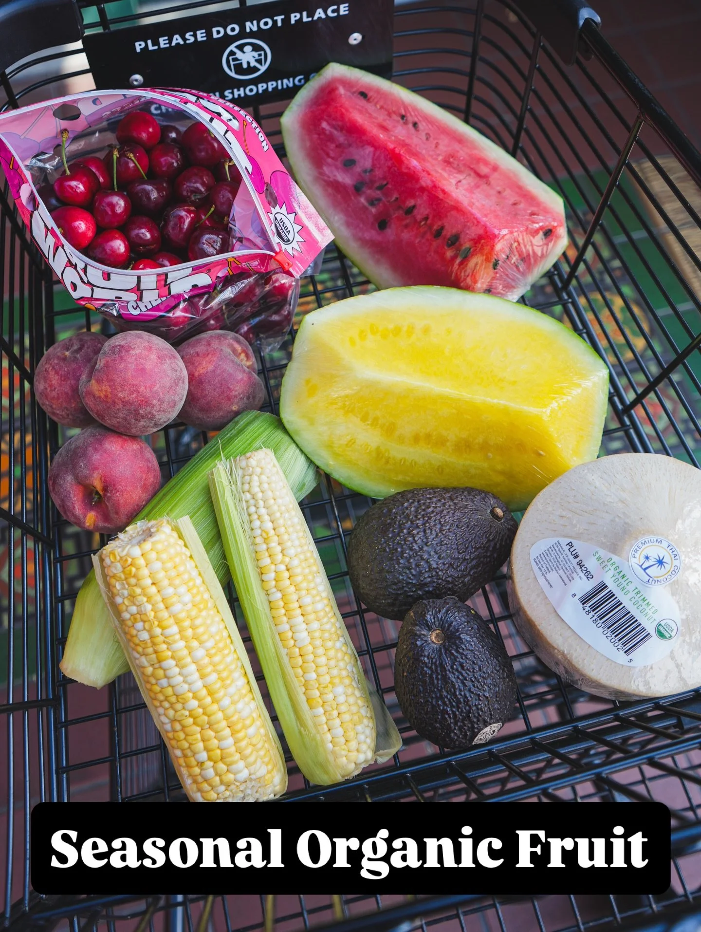 Our produce section just got hit with a burst of color 🤩🌈 (100% organic) 

We got red SEEDED watermelon (we&rsquo;ve tried them, they are so juicy and sweet!) 🍉 yellow watermelon ☀️ Thai coconuts (these are flying from the shelves!) 🥥  cherries ?
