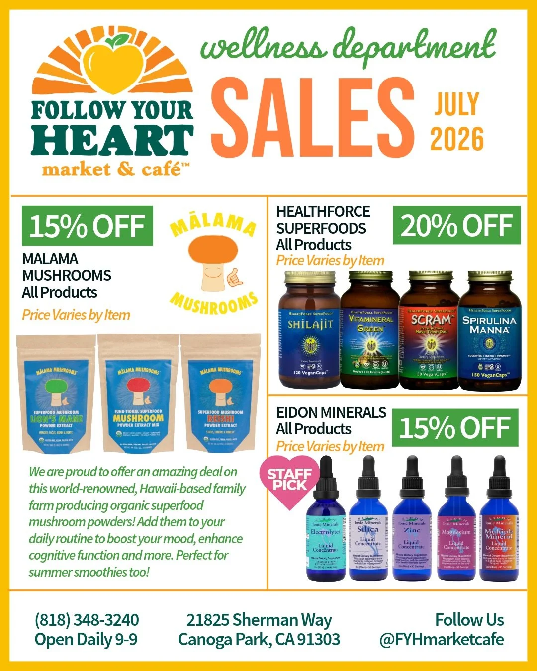 Find deals on superfood mushroom powders, mineral supplements, electrolytes, sunscreens, protein powders and more for the whole month of July!!! ☀️🌊🧴⛱️