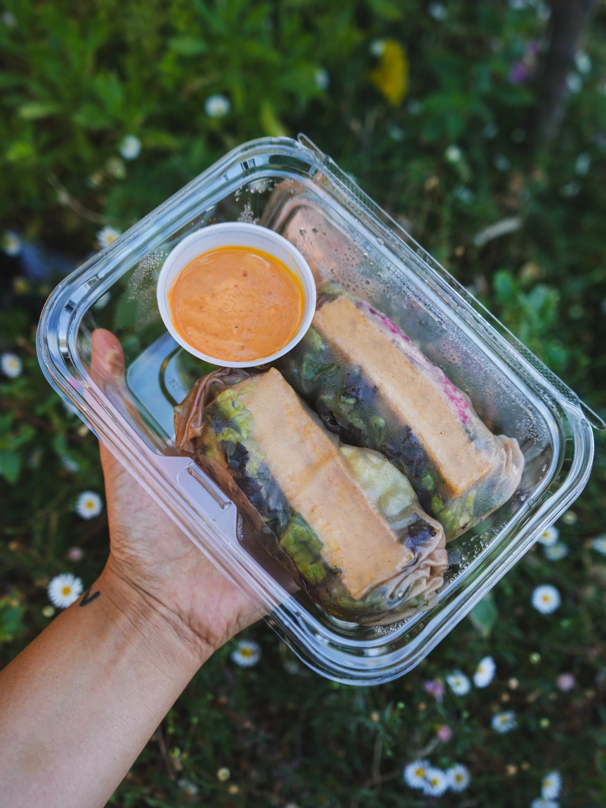 NEW GRAB N&rsquo; GO ITEM! 🌞 Summer Rolls 🌿 made with brown rice paper, organic pan fried tofu, fresh organic vegetables &amp; herbs, and served with our housemade Thai peanut sauce 💕 Come try ittt‼️