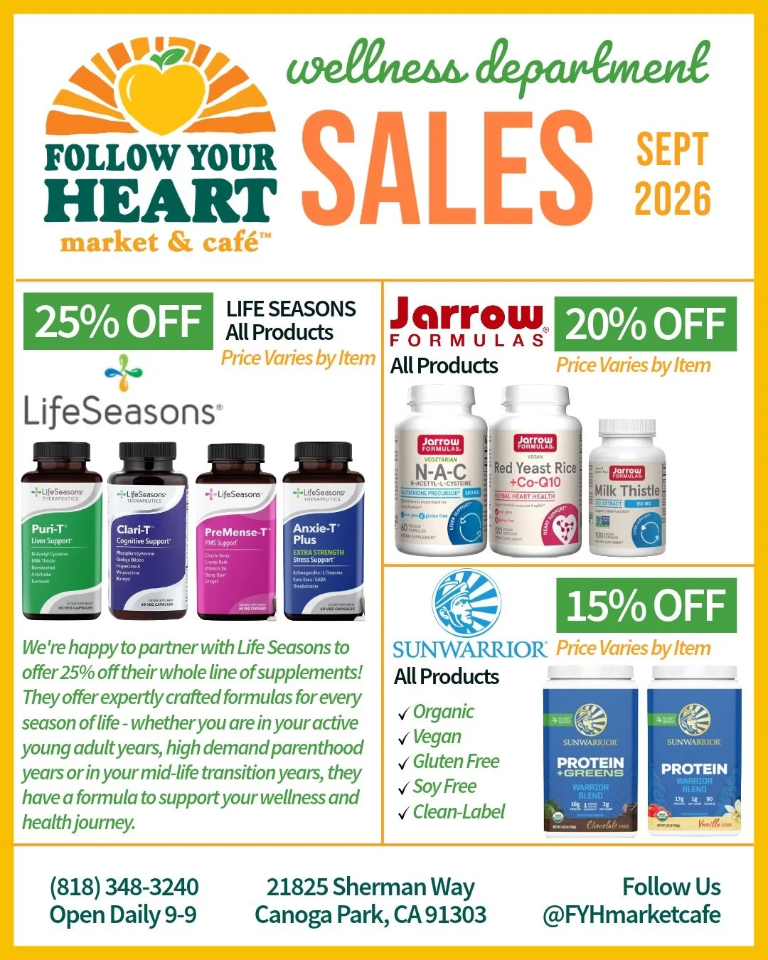 Happy September!! 💕 Big deals this month in our wellness aisle, including @lifeseasons supplements, @sunwarrior protein powder, and more 😊 #FYHmarketcafe