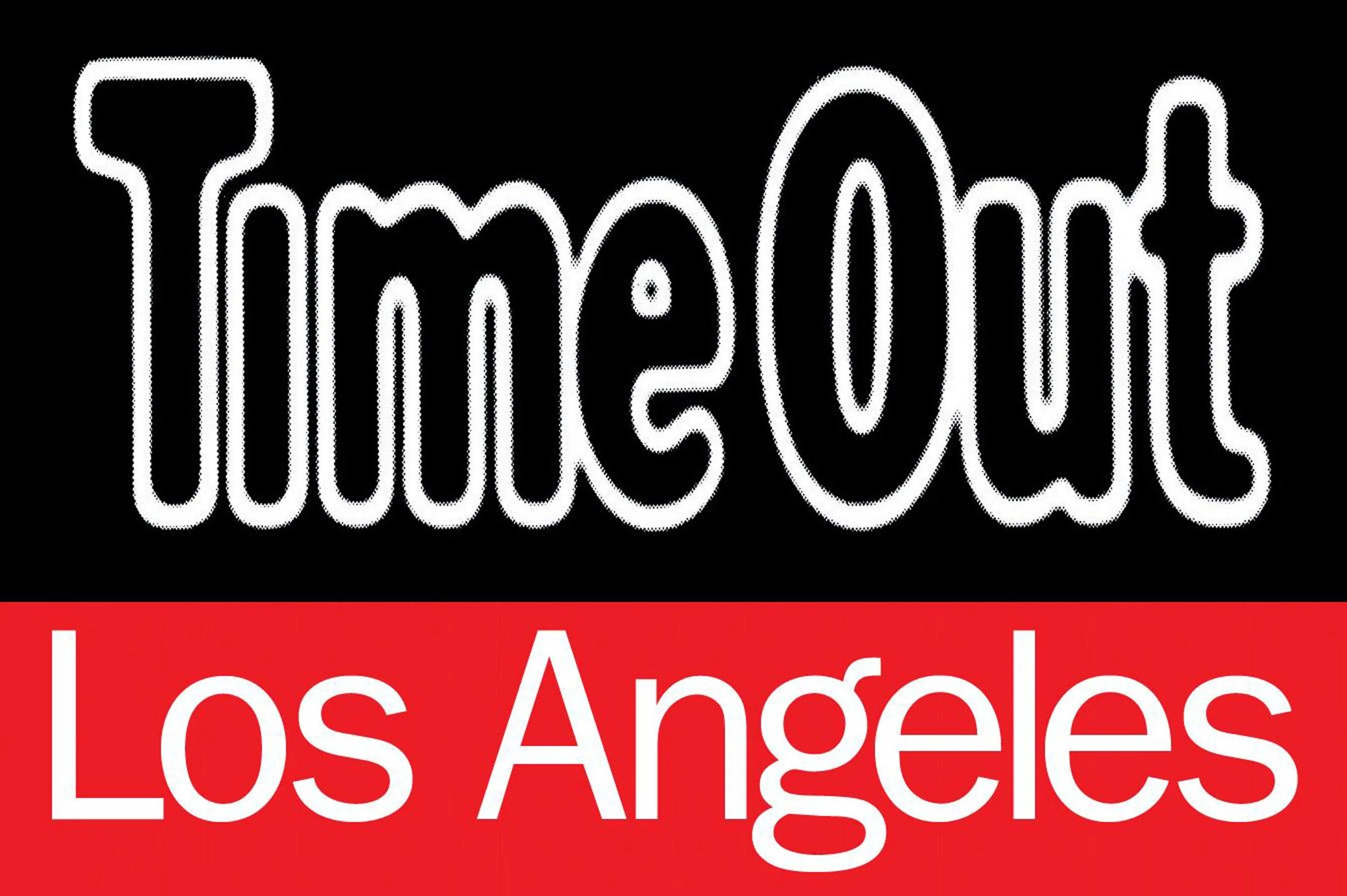 Neon sign with the words 'Time Out' in white, and 'Los Angeles' in white on a red background.