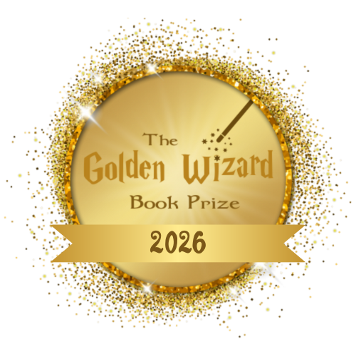 Gold circular award badge with glittery border, reading 'The Golden Wizard Book Prize 2026' with a rising needle. Gold ribbon at the bottom displaying '2026'.