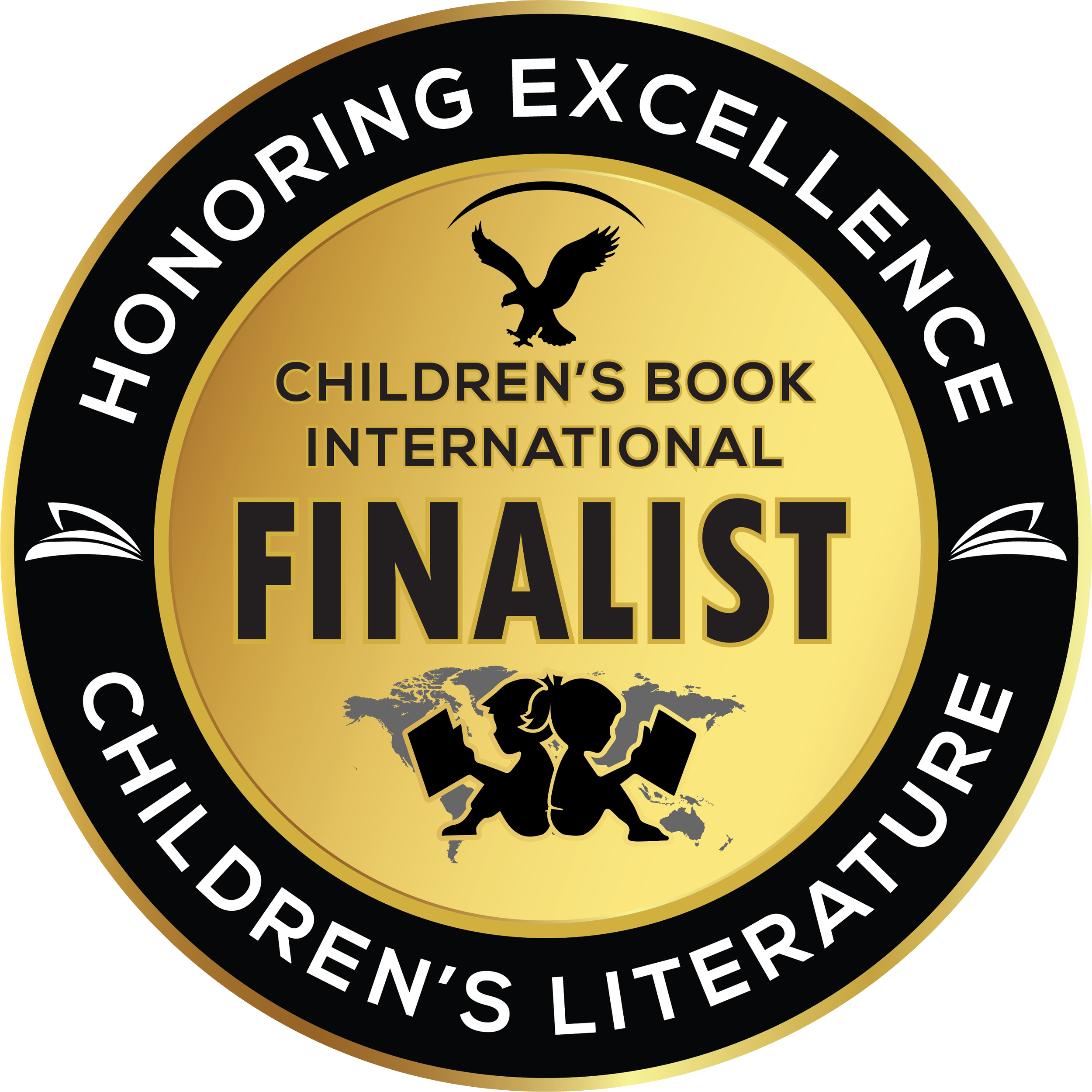 Seal with black, gold, and white colors, featuring a bald eagle above a map of North America, and text indicating it is from the International Children's Book Illustrator Great Event.