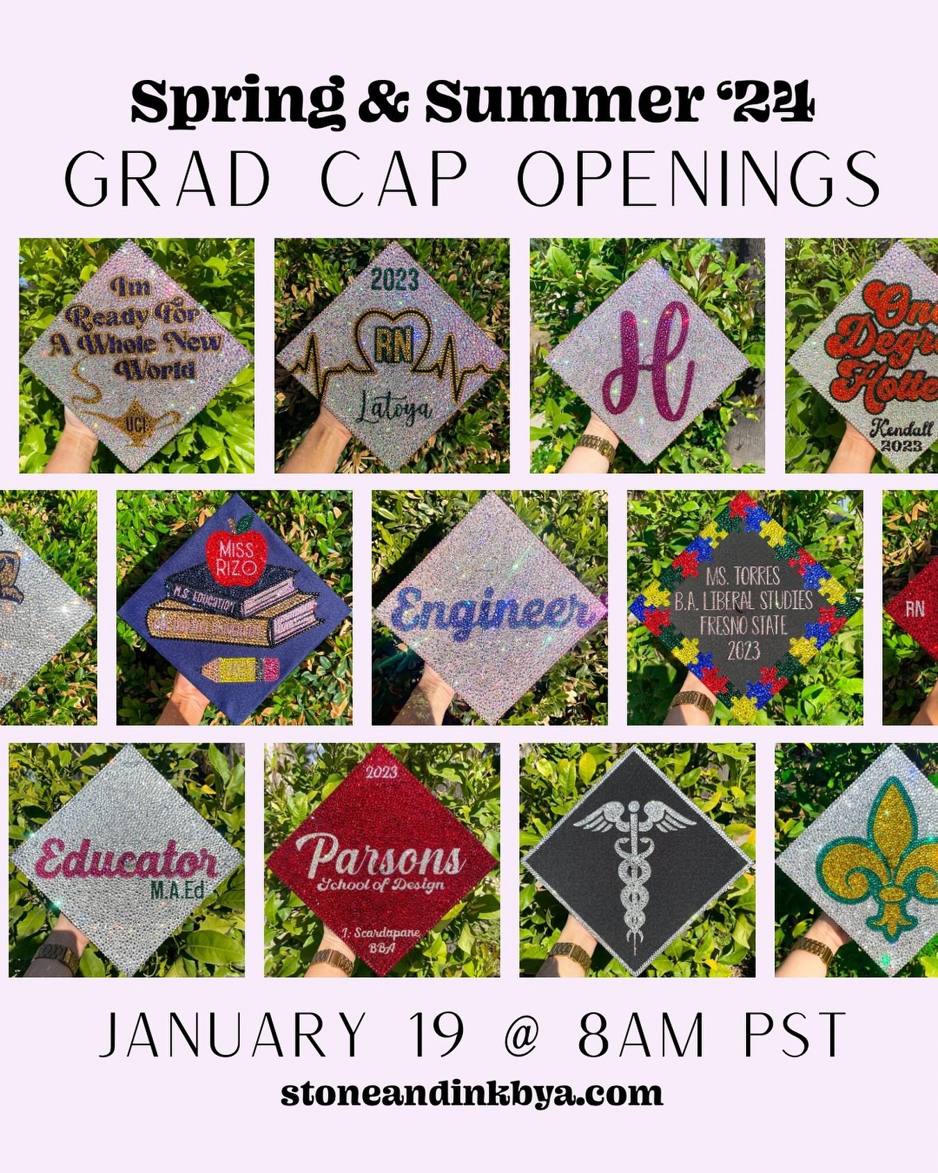 Happy 2024! I hope everyone&rsquo;s had an amazing start to their year so far. I was a little absent from posting in 2023 but it&rsquo;s time to get back to work, starting with grad season! 

Spring &amp; summer 2024 grads! Grad cap applications will