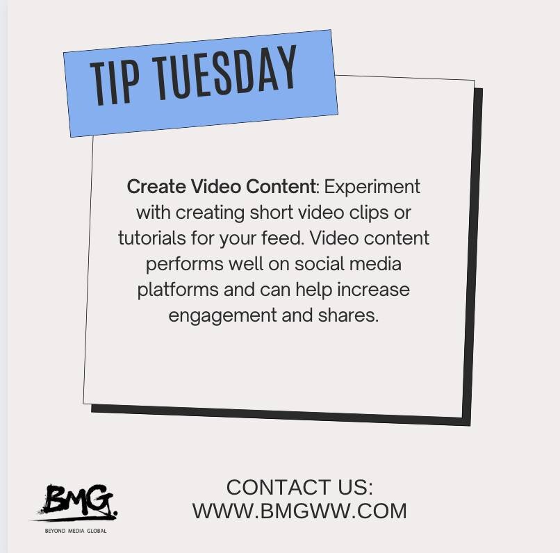 Tip Tuesday: Experiment with creating short video clips or tutorials for your feed. Video content performs well on social media platforms and can help increase engagement and shares.

#TipTuesday #NewJersey  #websitedesign #socialmediatips  #SEO #soc