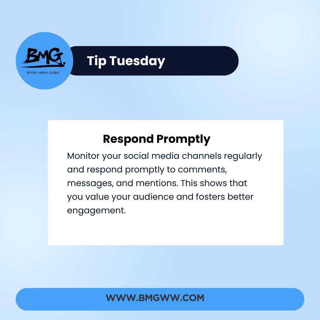 This weeks Tip Tuesday: Respond promptly, monitor your social media channels regularly and respond promptly to comments, messages, and mentions. This shows that you value your audience and fosters better engagement.

https://www.bmgww.com/

#NewJerse