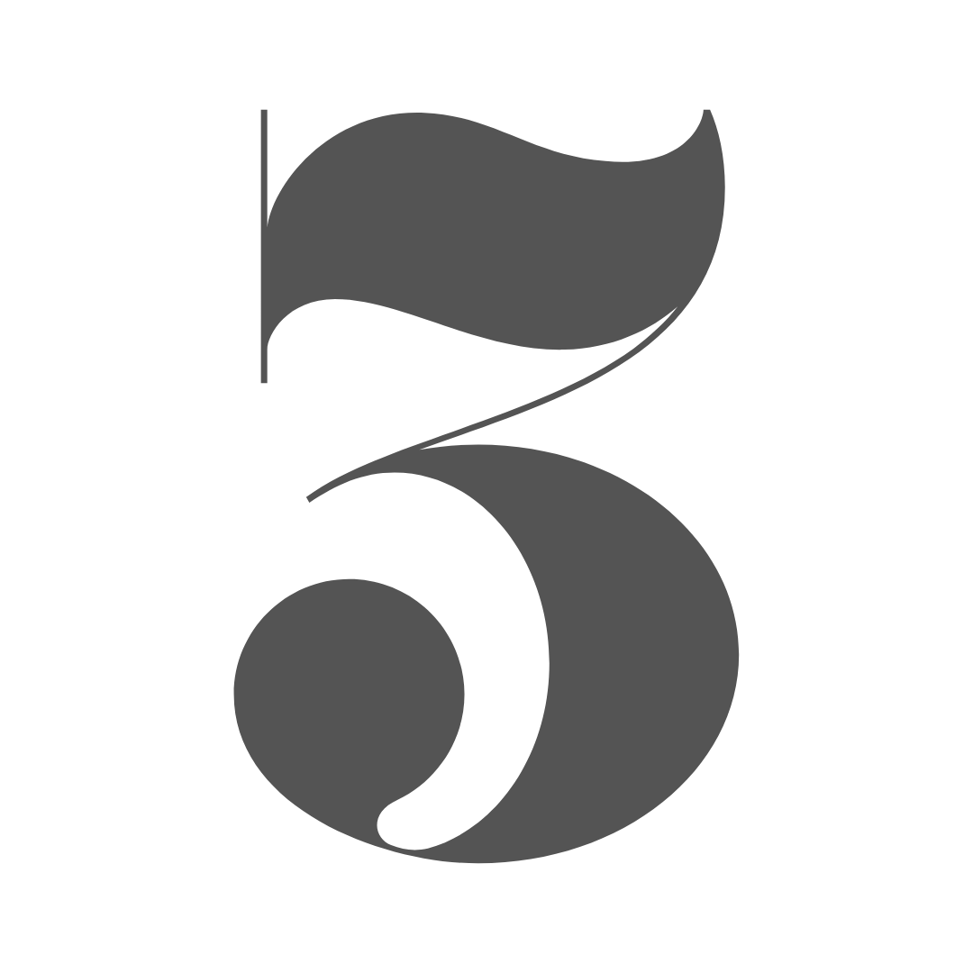 Black and white stylized number five, with a curved top and a rounded bottom.