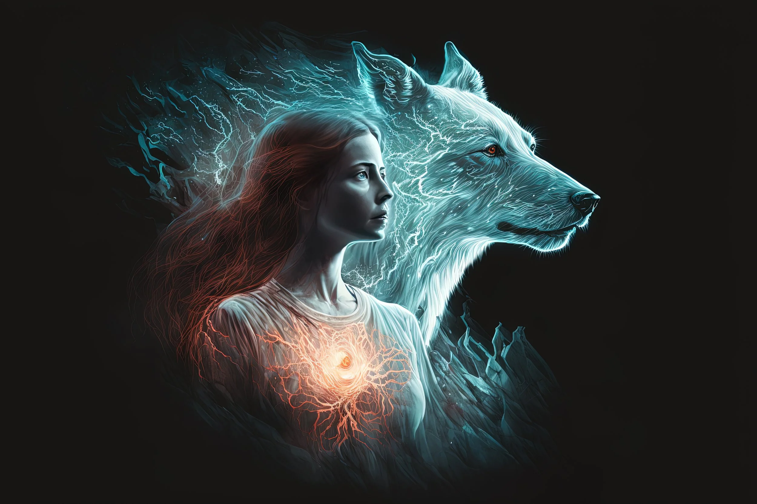 Digital artwork of a woman and a wolf, both with glowing outlines. The woman has long hair and a serious expression, with energy radiating from her chest. The wolf's eyes are glowing, and both are surrounded by abstract, electric-like lines and shapes.