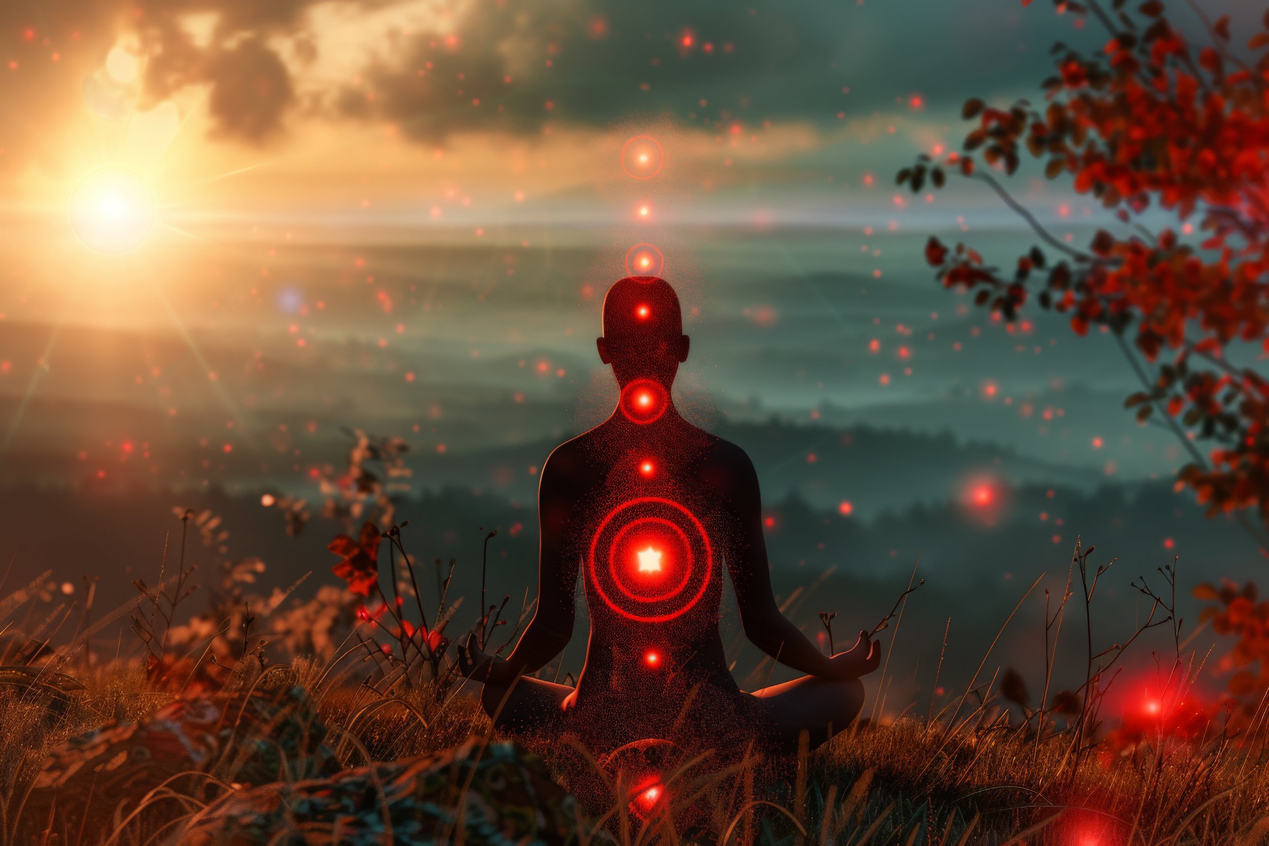 Silhouette of a person meditating outdoors at sunset with glowing red energy points along their body and head, surrounded by grass and trees with a sky filled with clouds and sunlight.