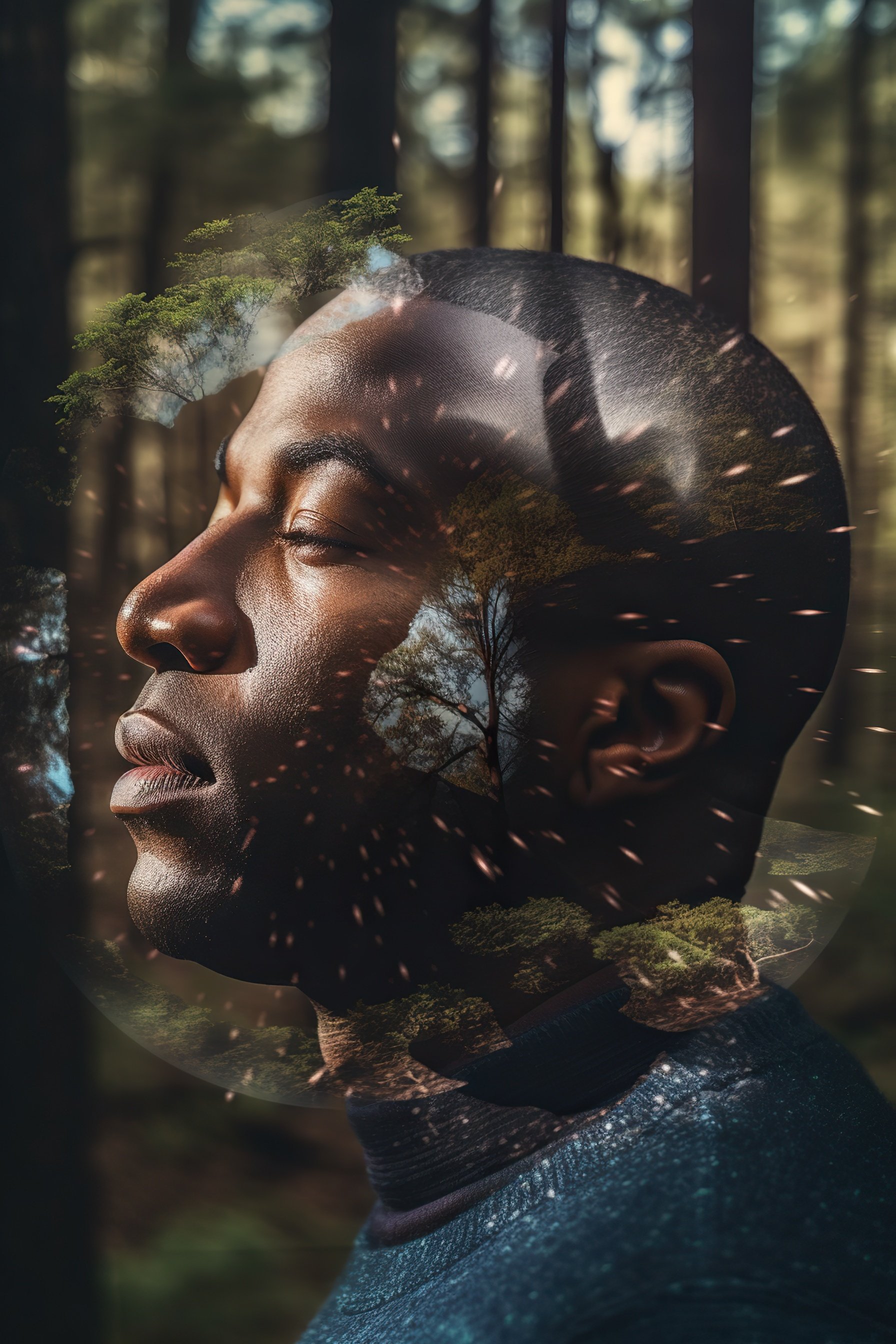 Close-up of a person's face with closed eyes, layered with a forest scene with trees, branches, and sunlight filtering through leaves.
