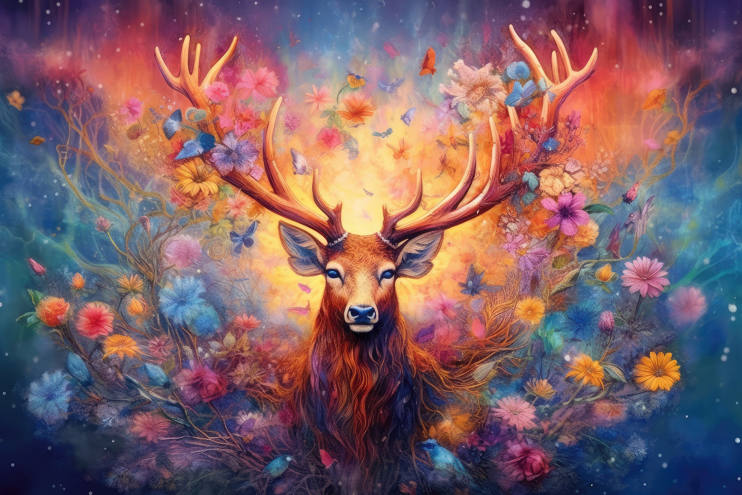 A colorful fantasy art of a majestic stag with large antlers adorned with vibrant flowers, butterflies, and glowing light, set against a dreamy, multicolored background.