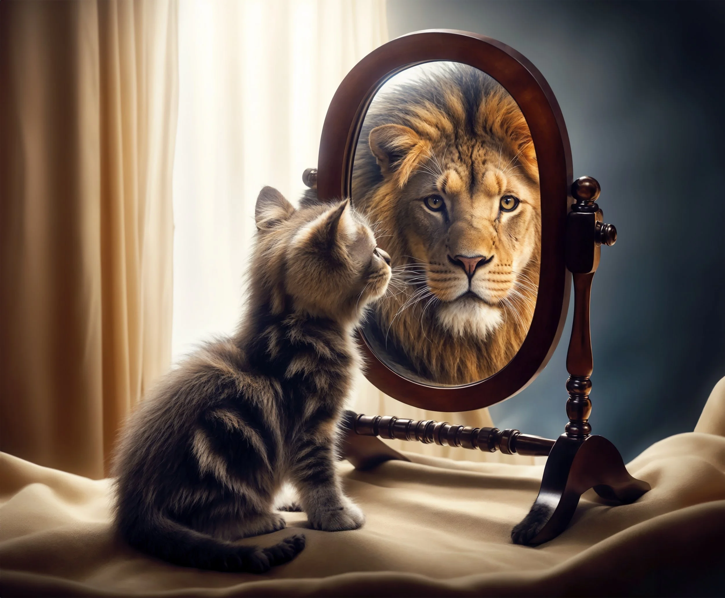 A kitten and lion cub looking at their reflection in an oval mirror on a wooden stand, with cream-colored curtains in the background.