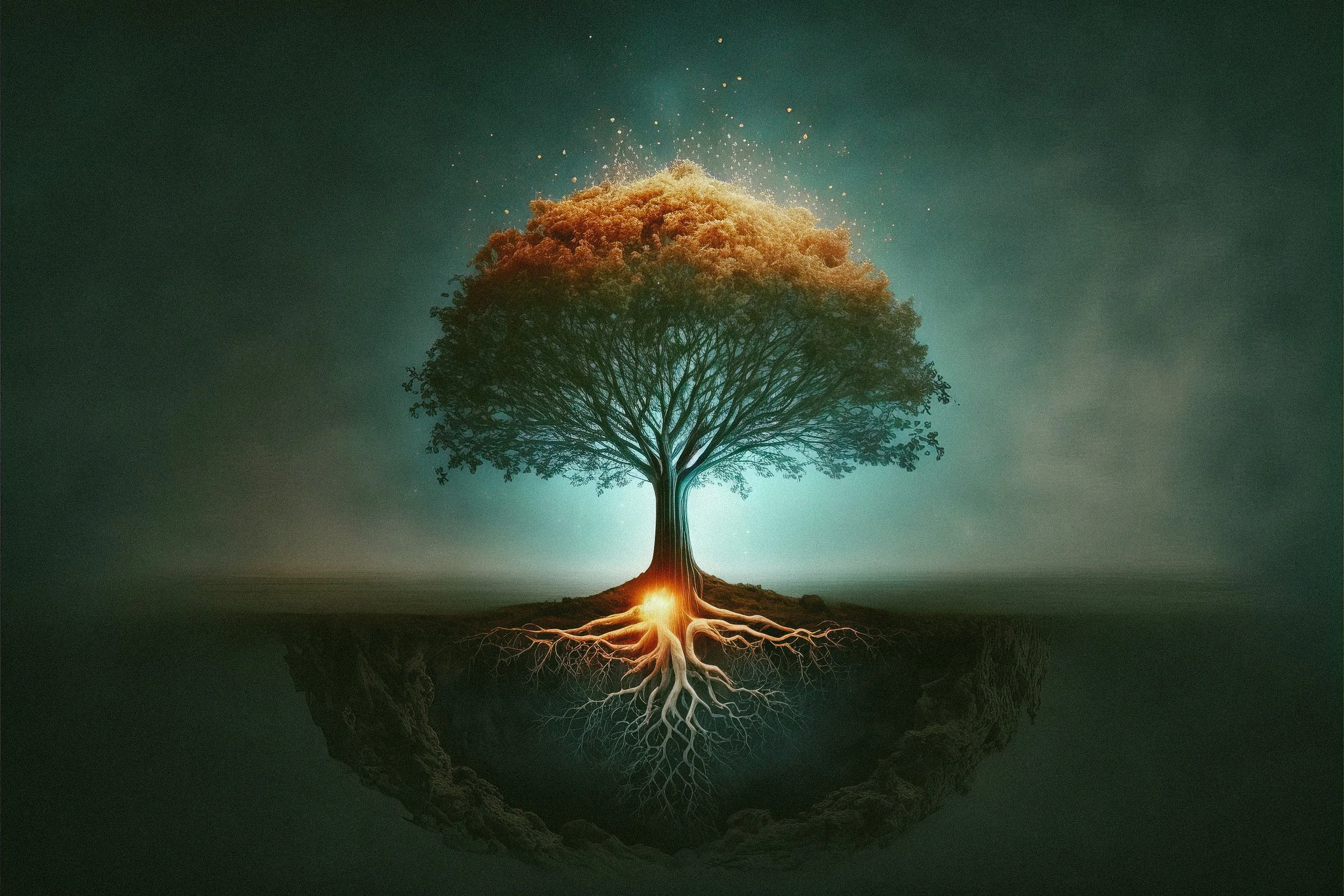 A tree with extensive roots growing above a floating landmass, with bright light emanating from the tree's base, creating a surreal and mystical scene.