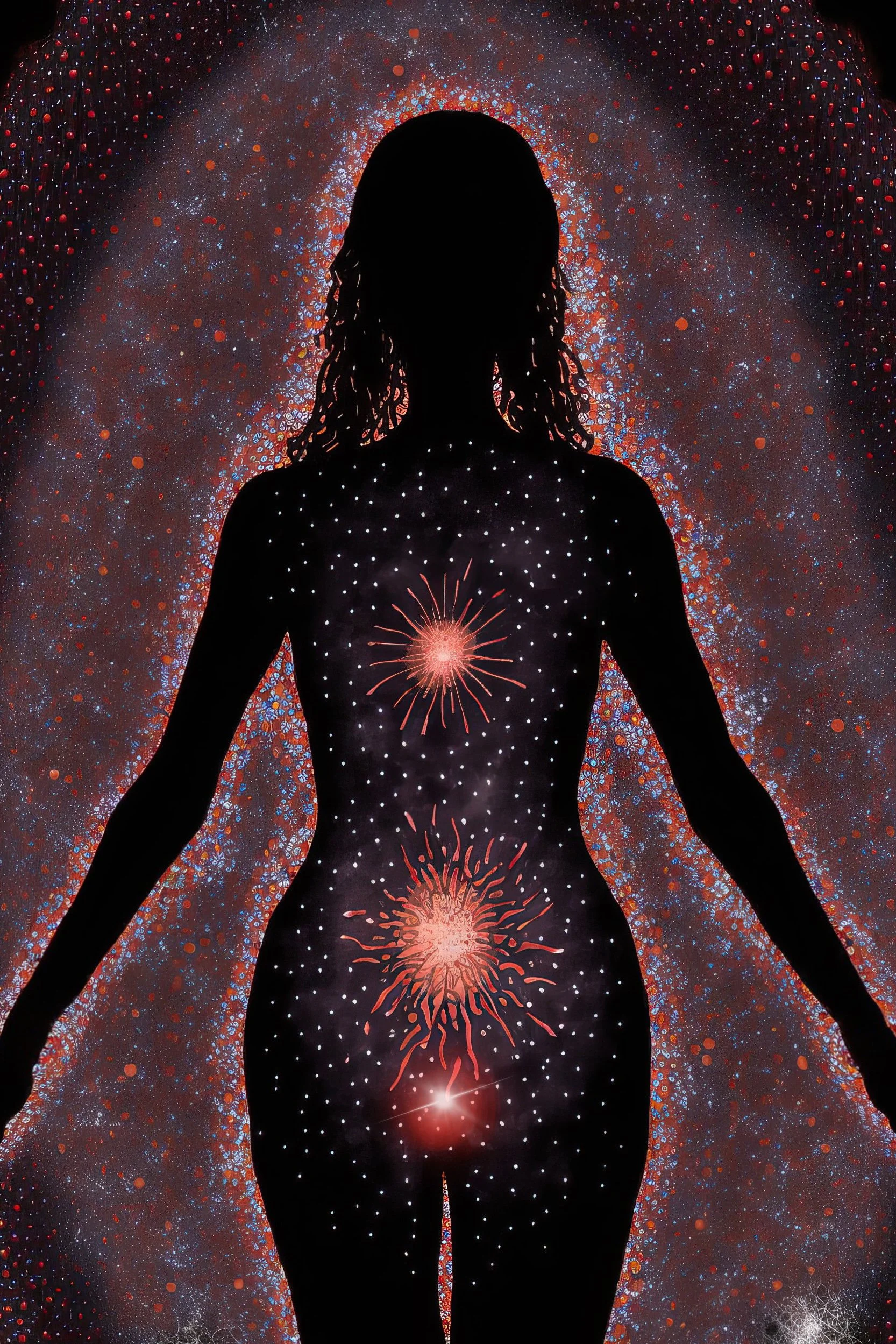 Silhouette of a person with long hair, sitting cross-legged, surrounded by colorful fireworks and cosmic patterns in the background.
