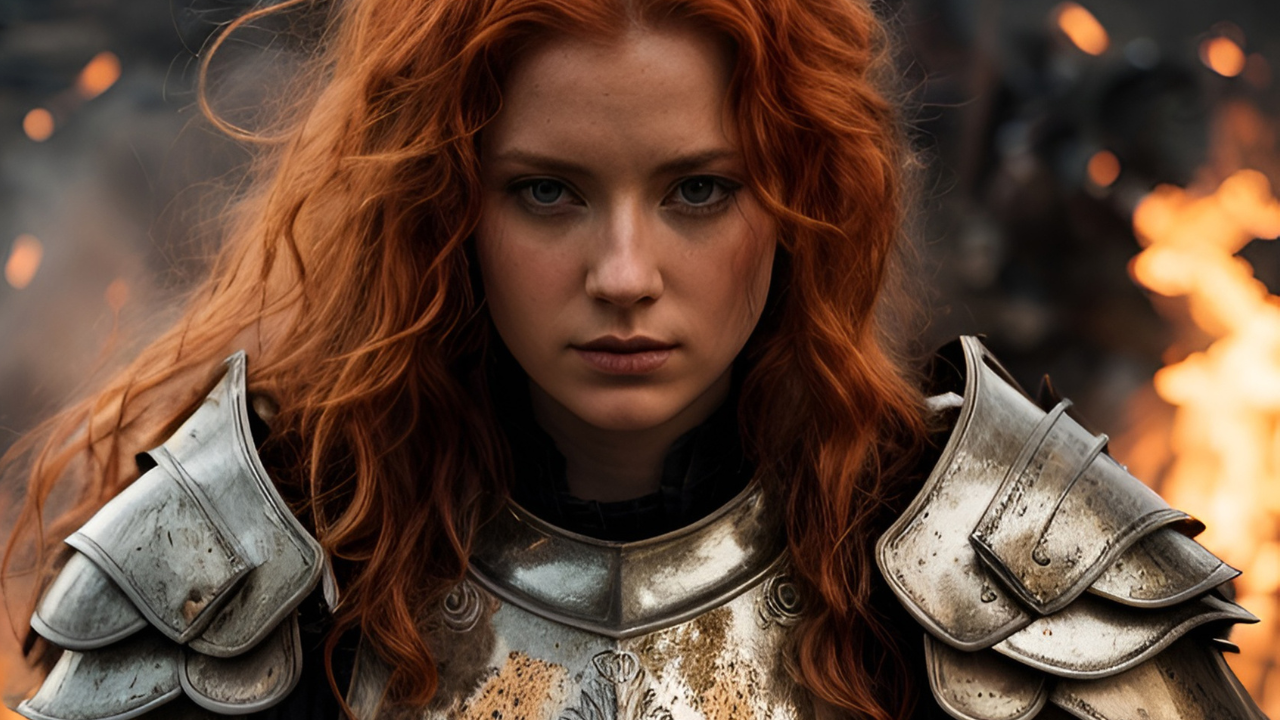 A woman with long red hair wearing medieval-style armor with shoulder plates, standing in front of a fiery background.