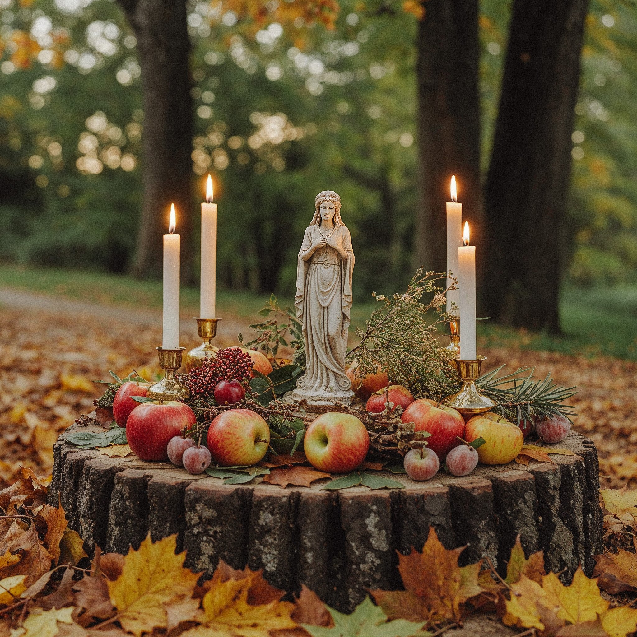 A religious altar with a statue of the Virgin Mary, surrounded by apples, grapes, sprigs of greenery, and four lit candles, set on a tree stump in an outdoor wooded area during autumn.