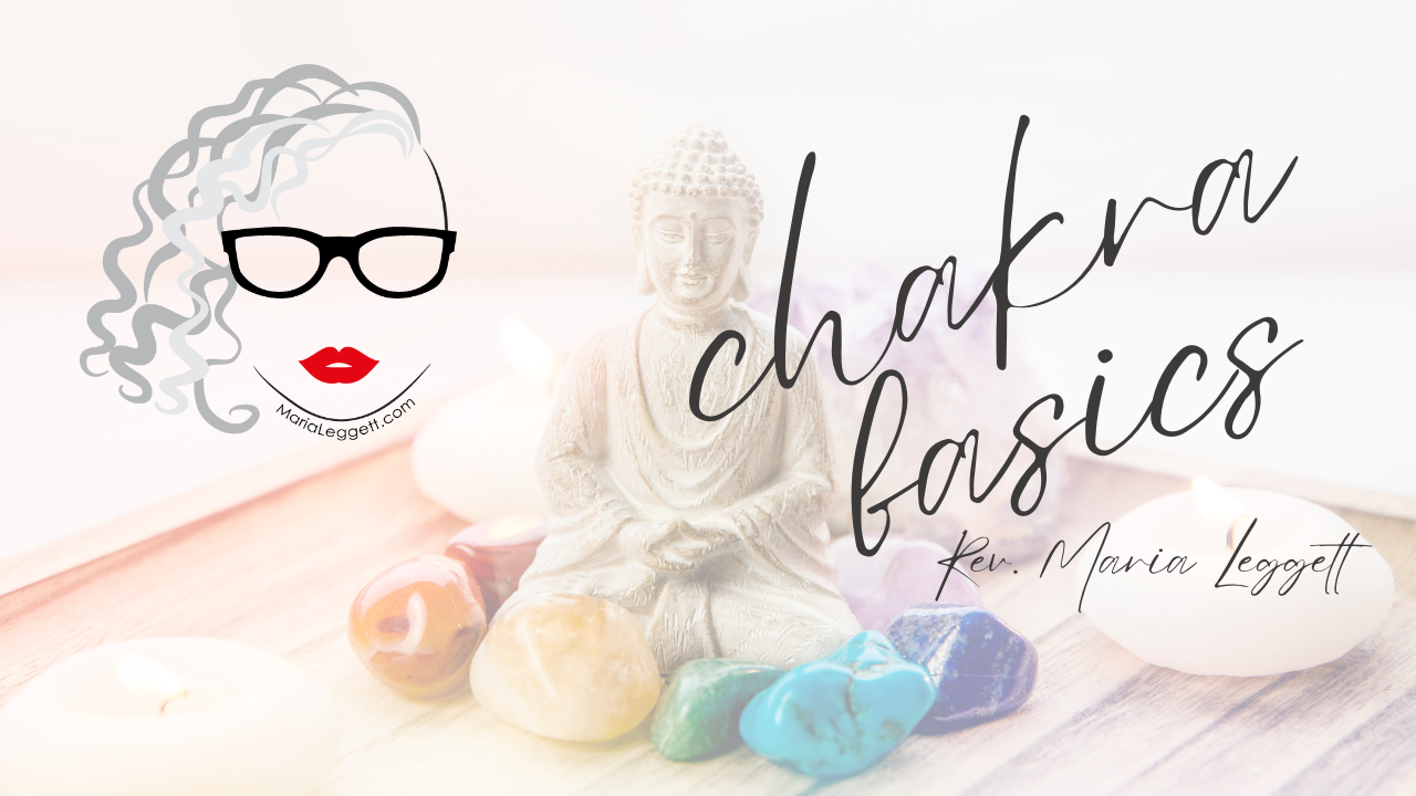 Graphic design for a chakra basics class with a Buddha statue, candles, and colorful stones in the background, featuring a stylized face with glasses and red lips