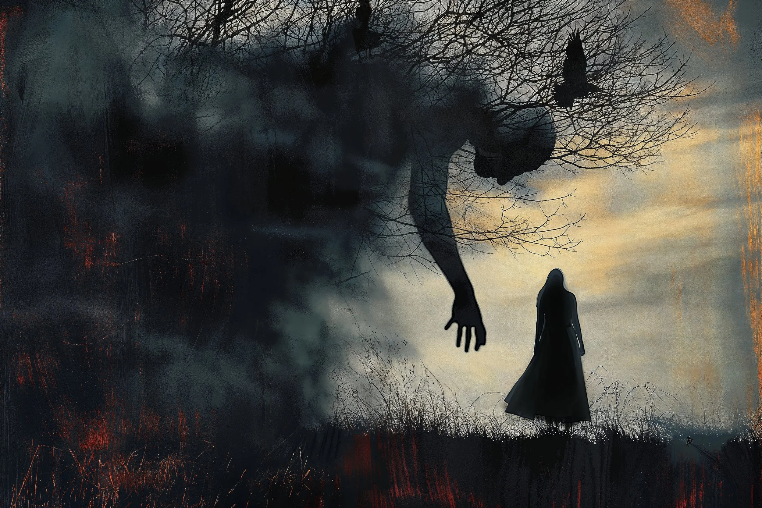 A surreal scene with two figures reaching out to each other amidst a dark, foggy landscape with leafless trees and an ominous, cloudy sky.