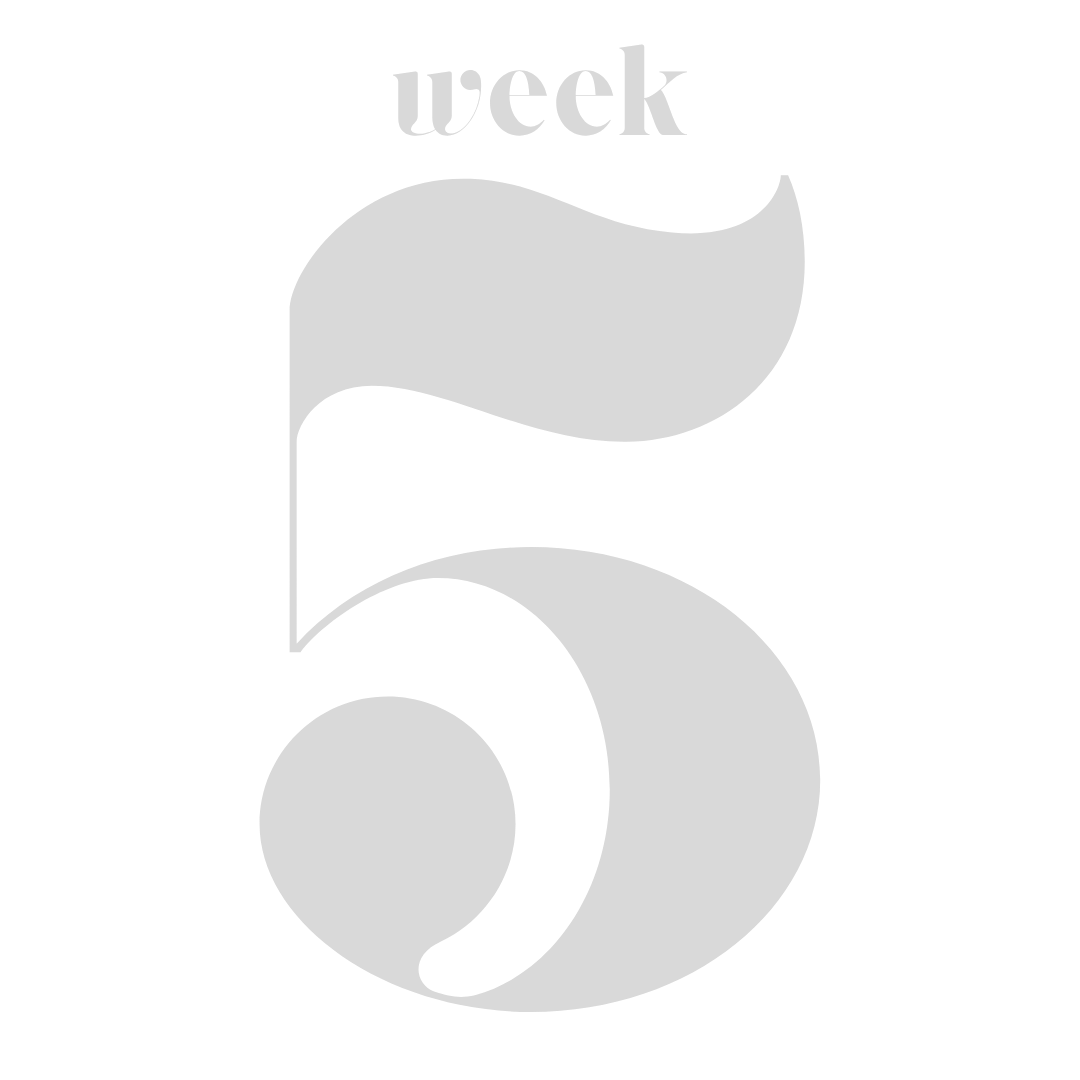 Large gray number five with a flag above it and the word 'week' at the top, on a black background.