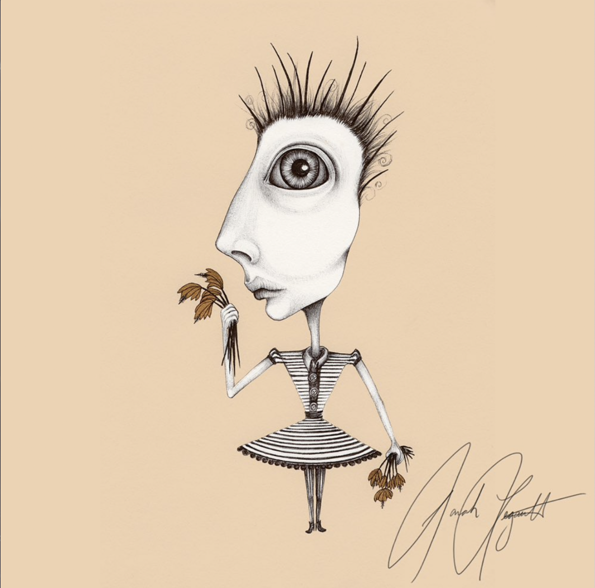 An artistic drawing of a surreal female figure with a large eye on her face, long spiky eyelashes, and elongated nose. She is wearing a striped dress and holding flowers in each hand. The background is a plain beige color, and there is a signature at the bottom right corner.