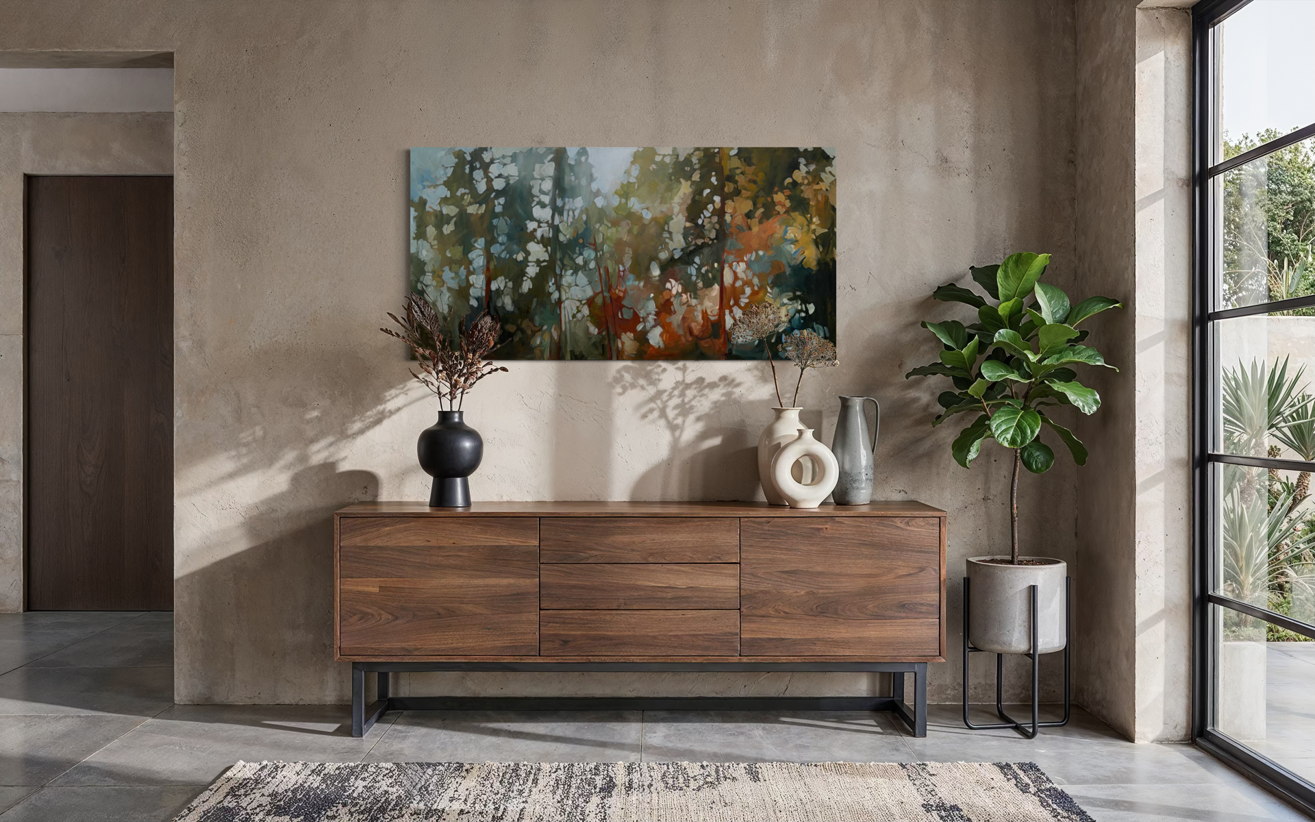 Interior decor scene with a mint green sideboard, colorful abstract painting, a modern gold table lamp, three stacked books, two candles in glass holders, tall curtains, and a large potted plant with big green leaves against a dark green wall.