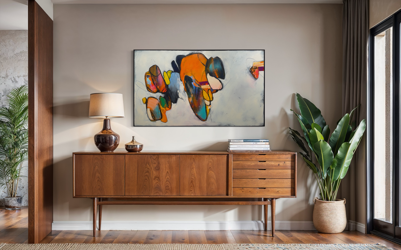 Living room with a black upright piano, large green plants, a brown sofa, a glass coffee table with a chessboard, a small beige ottoman with a brown pillow, a white side table with a beige blanket, a floor lamp with a white shade, and a window with beige curtains. A colorful abstract painting hangs on the light gray wall.